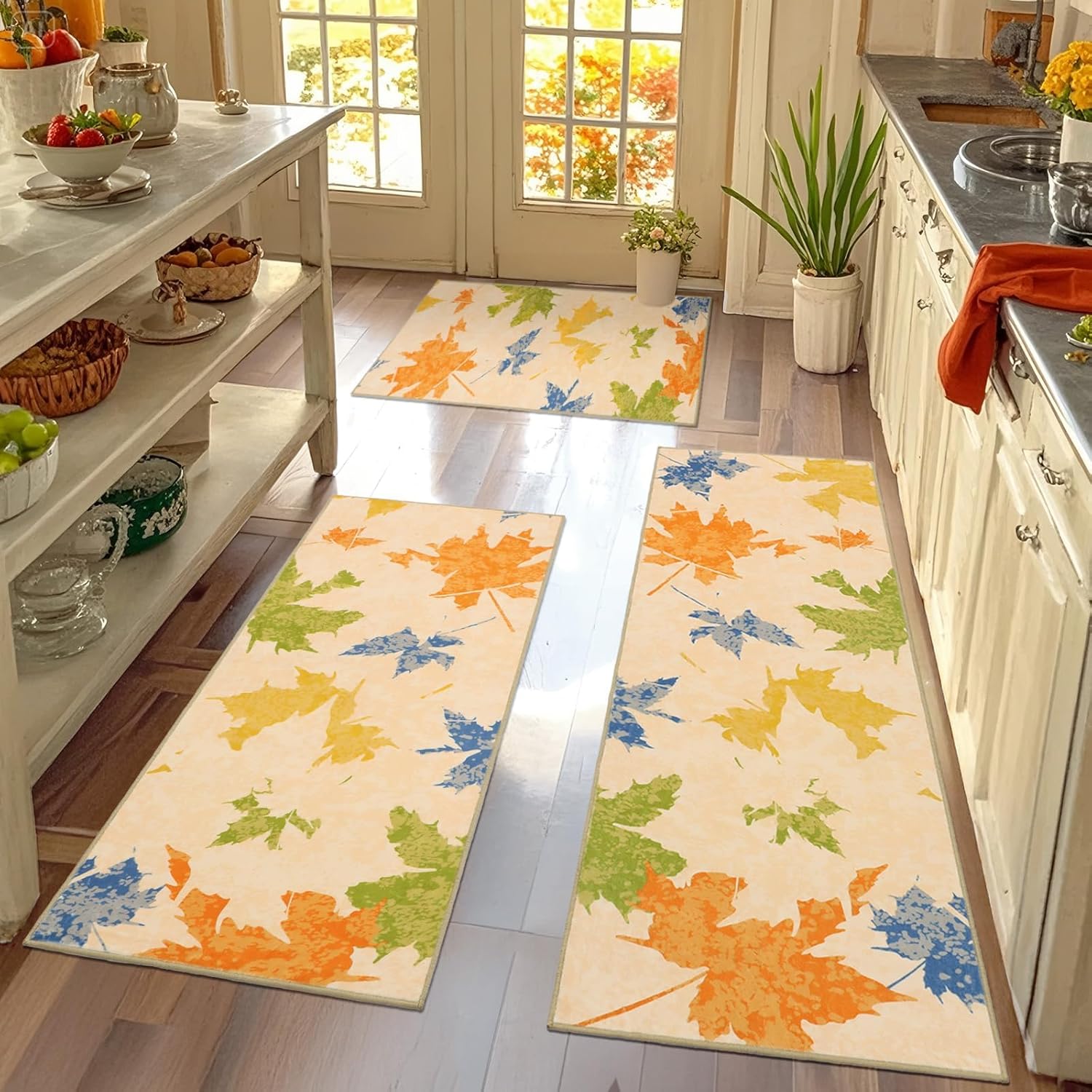 Maple Leaves Kitchen Runner Non-Slip Pack of 3 Beige Halloween Kitchen Rug Washable, Autumn Washable Rug Kitchen, Thanksgiving Short Pile Kitchen Mats, Carpet Runner Hallway Rug Runner
