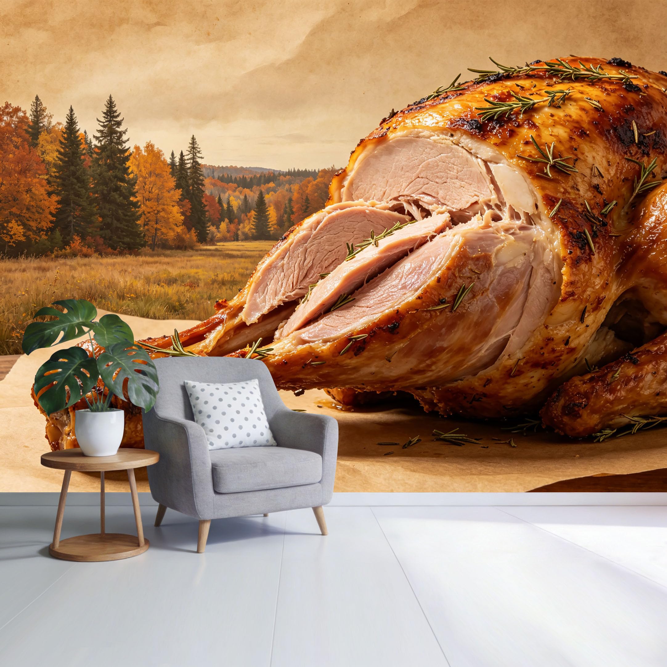 Custom Size Wall Mural Autumn Forest Landscape Roasted Turkey Still Life Rustic Farmhouse Style SelfAdhesive Wall Fabric Removable Wallpaper for Home Office Decor