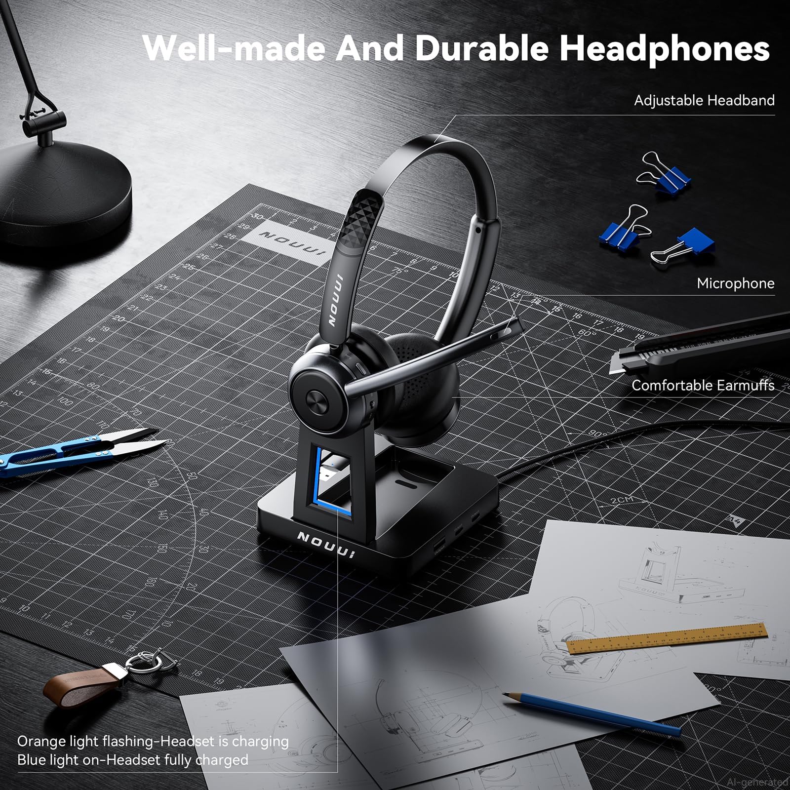 Cuffie wireless con microfono per lavoro, cuffie wireless con microfono (cancellazione del rumore e pulsante muto), batteria 65H con base di ricarica, cuffie Bluetooth con microfono per PC/Call Center