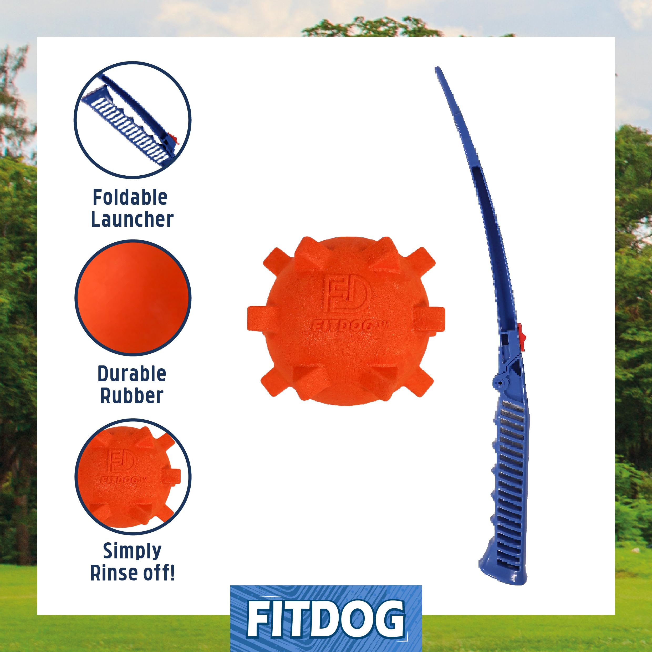Rosewood Fit Dog Rubber Spikey Ball Throw Toy with Foldable Launcher, Durable Outdoor Dog Fetch Toy & Flinger - Image 2