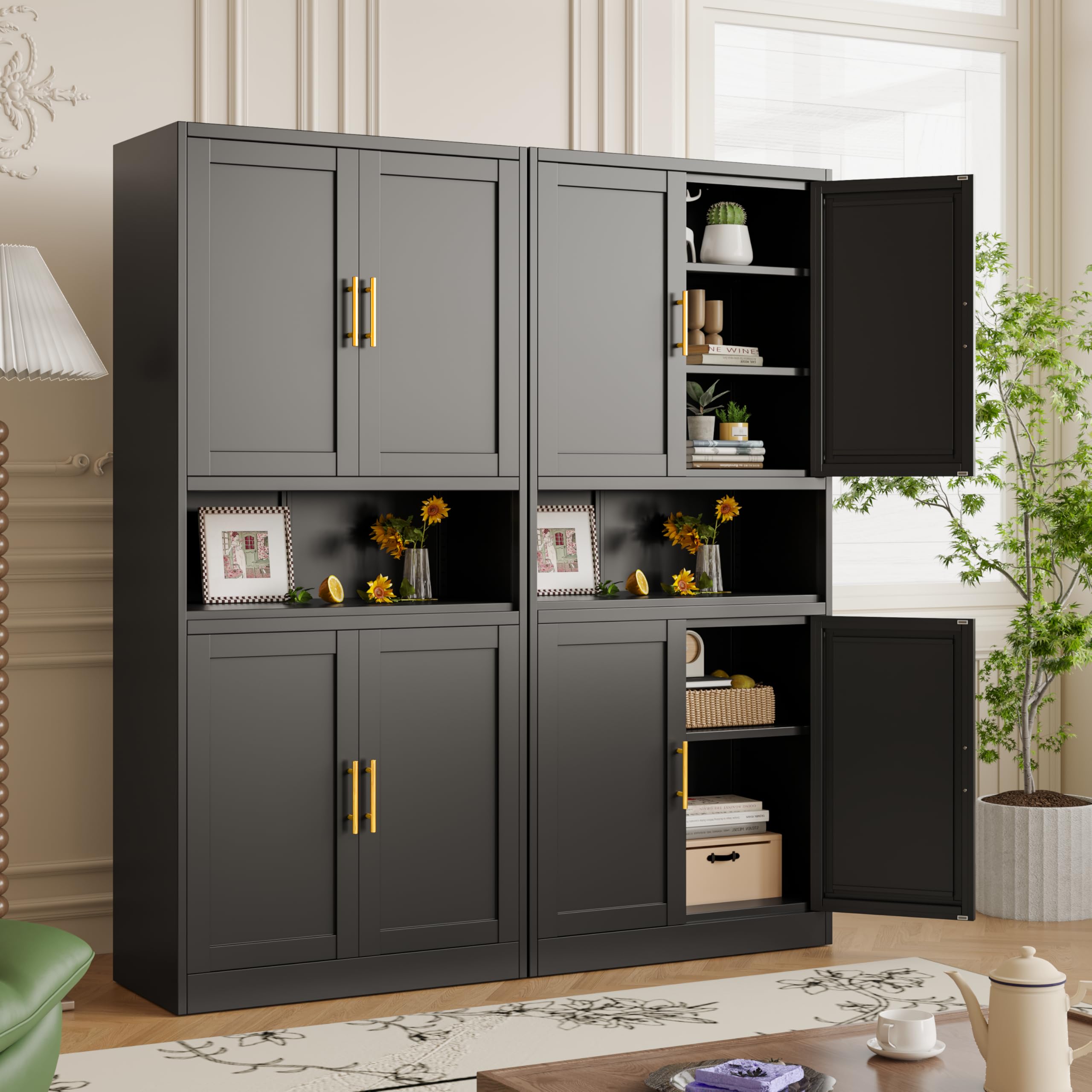 71”H Metal Pantry Storage Cabinet,Hollow Texture Storage Cabinets with 4 Door and Shelves, Freestanding Cupboard Pantries Cabinet for Kitchen, Living Room, Entrance,Laundry Room and Bathroom (Black)
