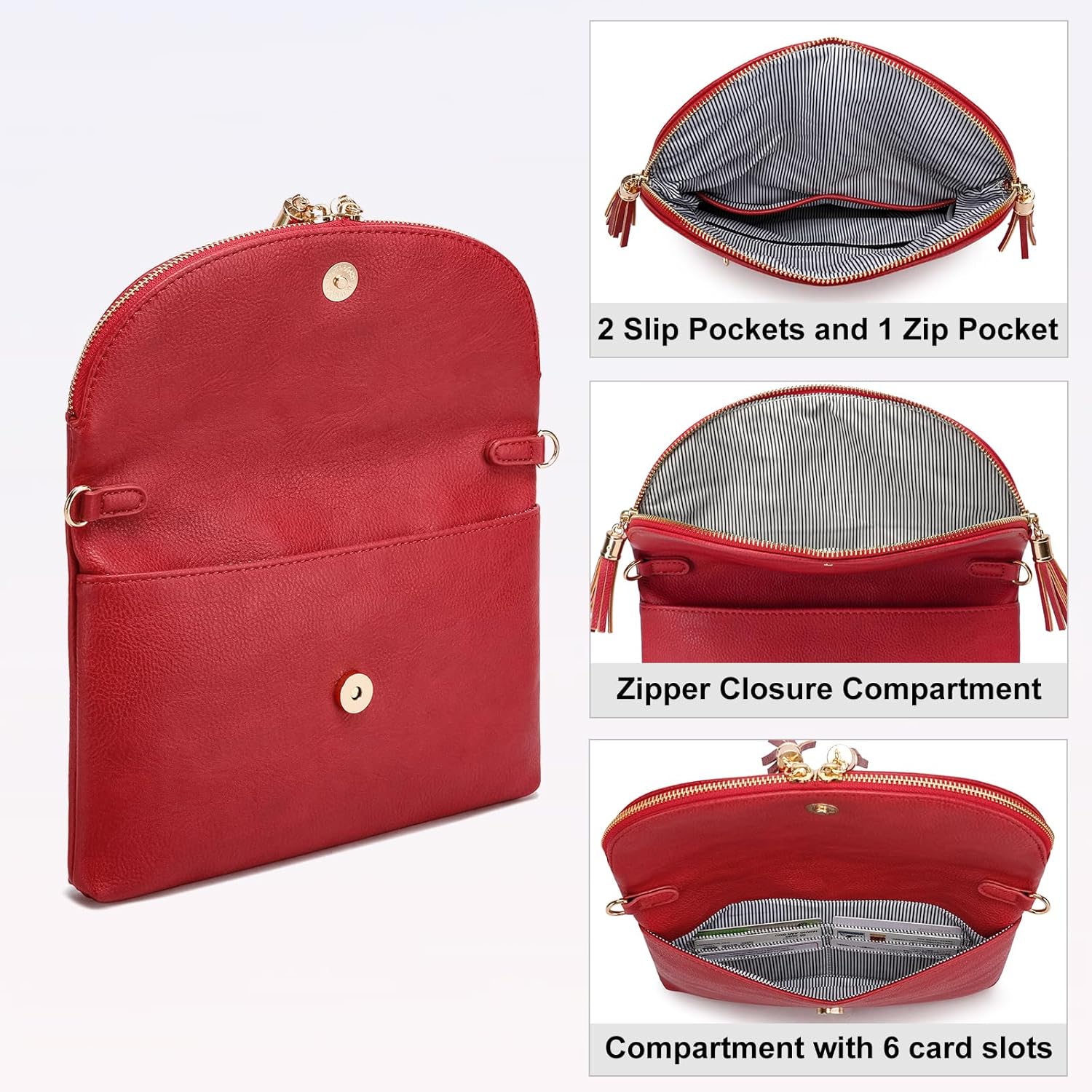 Solene Womens Envelop Clutch Purse Multi Compartments, 6 Card Slot Inside, Crossbody Bag With Tassels - Image 7