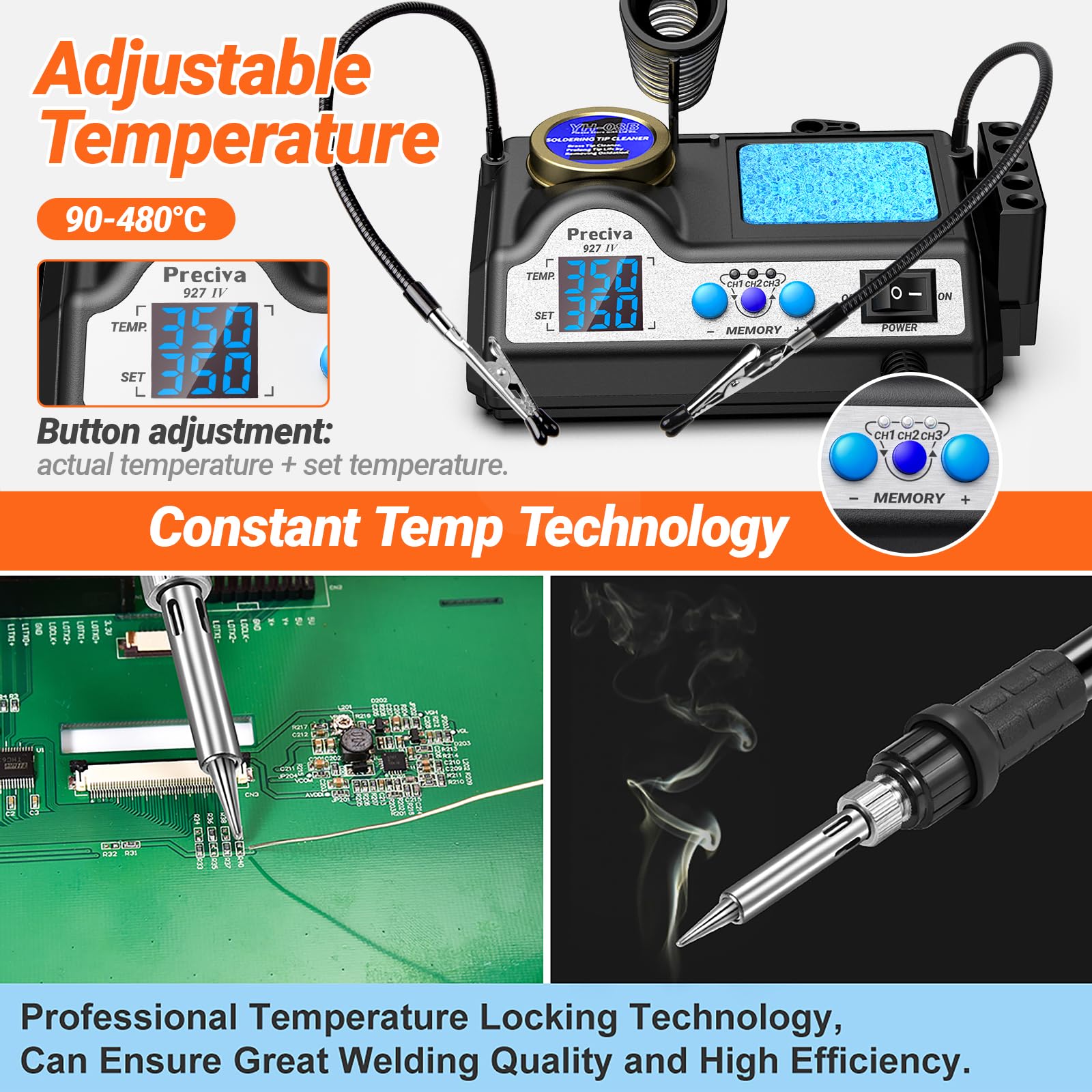 Fer a Souder, Preciva 927IV Station de Soudage avec Loupes et Deux Clips Auxiliaires, 130W Double LCD 90-480℃ Ajustable, Fers à Souders Etain avec 5 Têtes, Fonction Sommeil et Contrôle du Thermostat