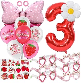 3rd Strawberry Birthday Party Decorations Girls, Cute Strawberry Latex Balloons White Flowers Red Number Foil Balloon Theme Tattoo Second Baby Shower Party Supplies