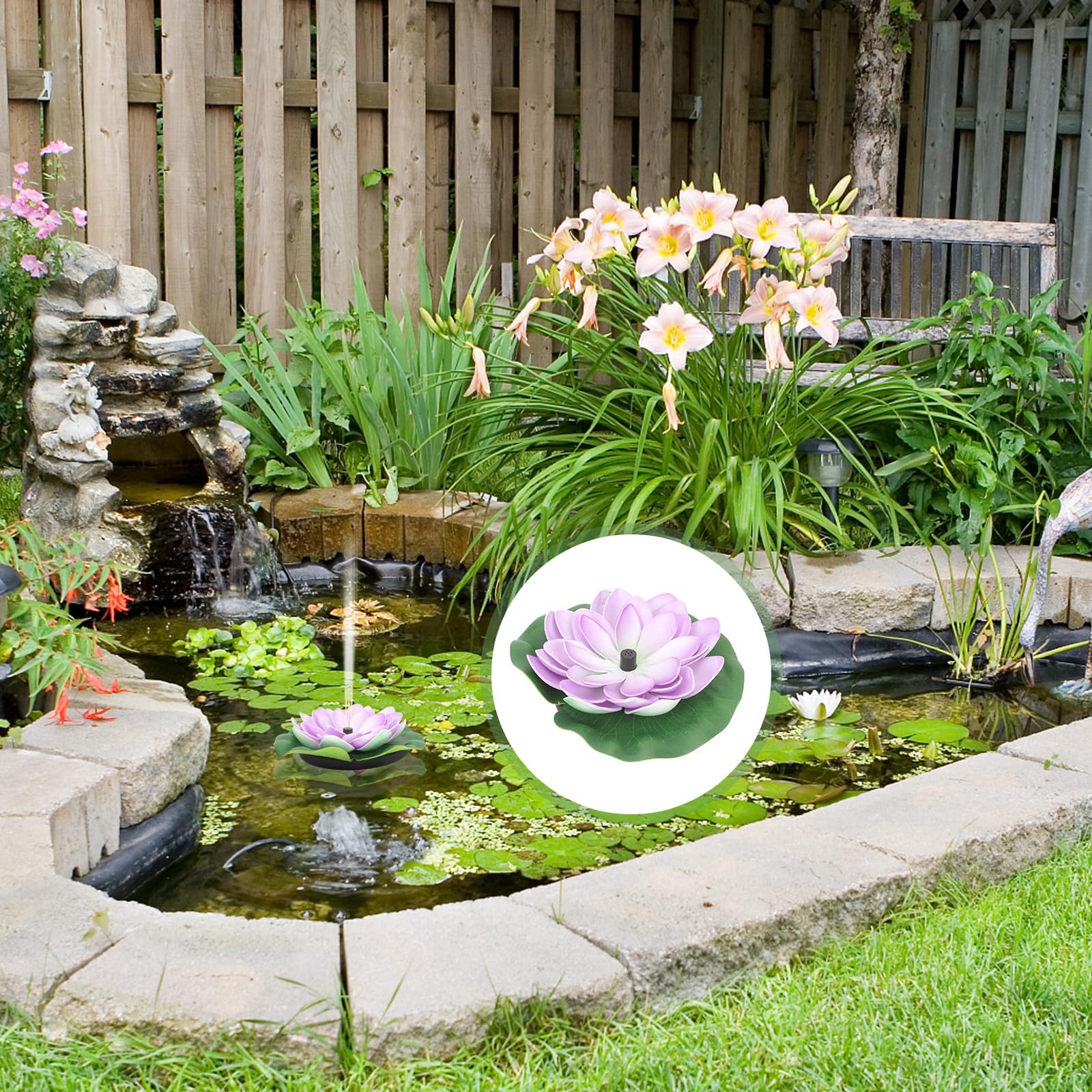 Fontana Solare a Loto Galleggiante Porpora per Laghetto e Giardino | Abs, 7v 1, 2w, Flusso 180l/h e Testa 100cm, Funzionamento Automatico, Facile da Pulire