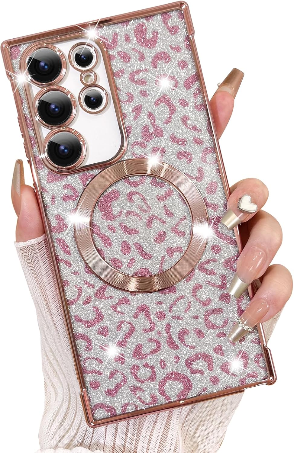 Fiyart Designed for Samsung Galaxy S23 Ultra Case,Compatible with MagSafe Cheetah Print Plating Camera Protection Clear Magnetic Glitter Leopard Phone Bumper for Women Girls 6.8"-Pink Pink Samsung Galaxy S23 Ultra