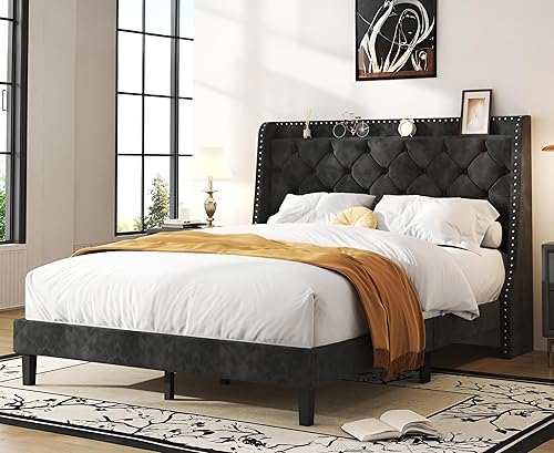 SUNLEI Base de cama con cabecera de almacenamiento con respaldo de ala, marco de cama de tamaño matrimonial con estación de carga y tela de