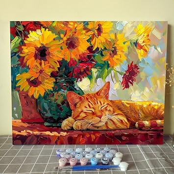 Sleeping Cat Paint by Number for Adults Beginner and Children,Flower DIY Acrylic Watercolor Painting by Numbers for Kids and Adults 16x20 inch Painting Craft On Canvas Home Decorwithout frame