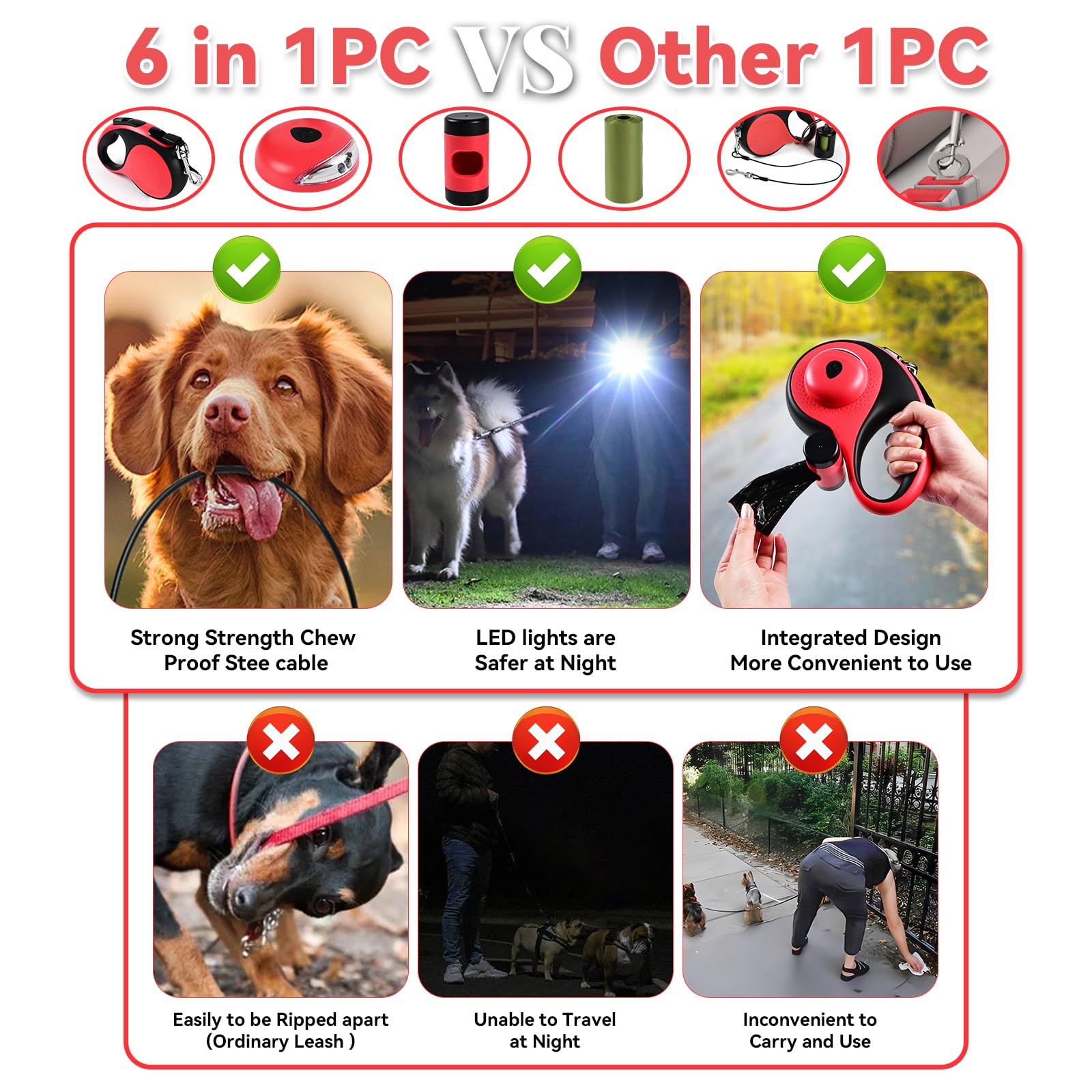 Laisse rétractable 6 en 1 pour chien avec câble anti-mastication, lumière LED, distributeur, 2 sacs à déjections canines, frein et verrouillage à un bouton, poignée antidérapante, pour petit et