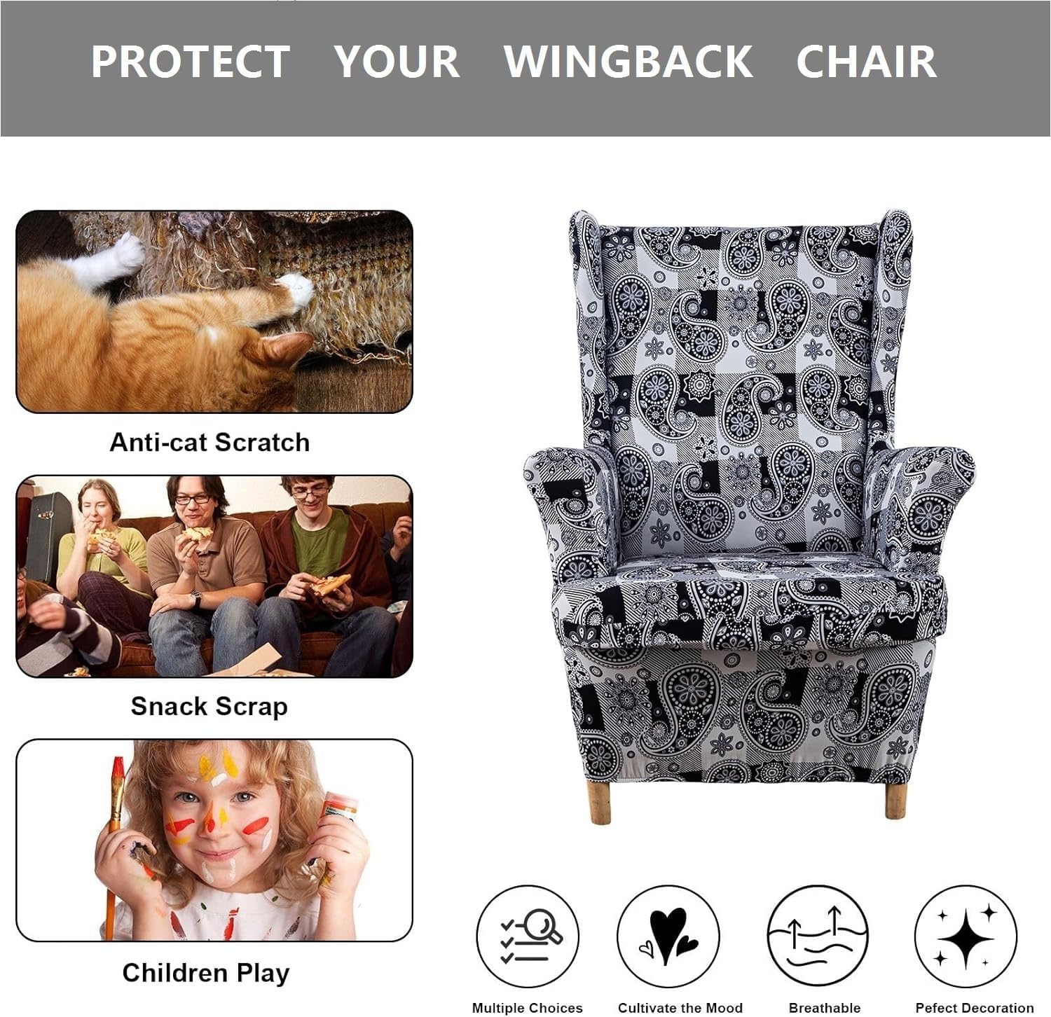 Wingback Chair Cover Slipcovers 2 Piece Stretch Wing Chair Covers Spandex Sofa/Armchair Non-Slip Furniture Protector for Living Room(E)