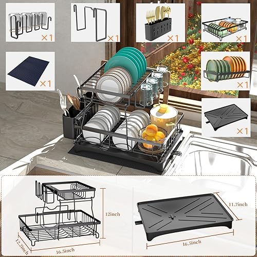 Miniatura 4 de Godboat Dish Drying Rack with Drainboard 2-Tier Dish Racks for Kitchen Counter Dish Drainer Set with Utensils Holder Large Capacity Dish Strainers
