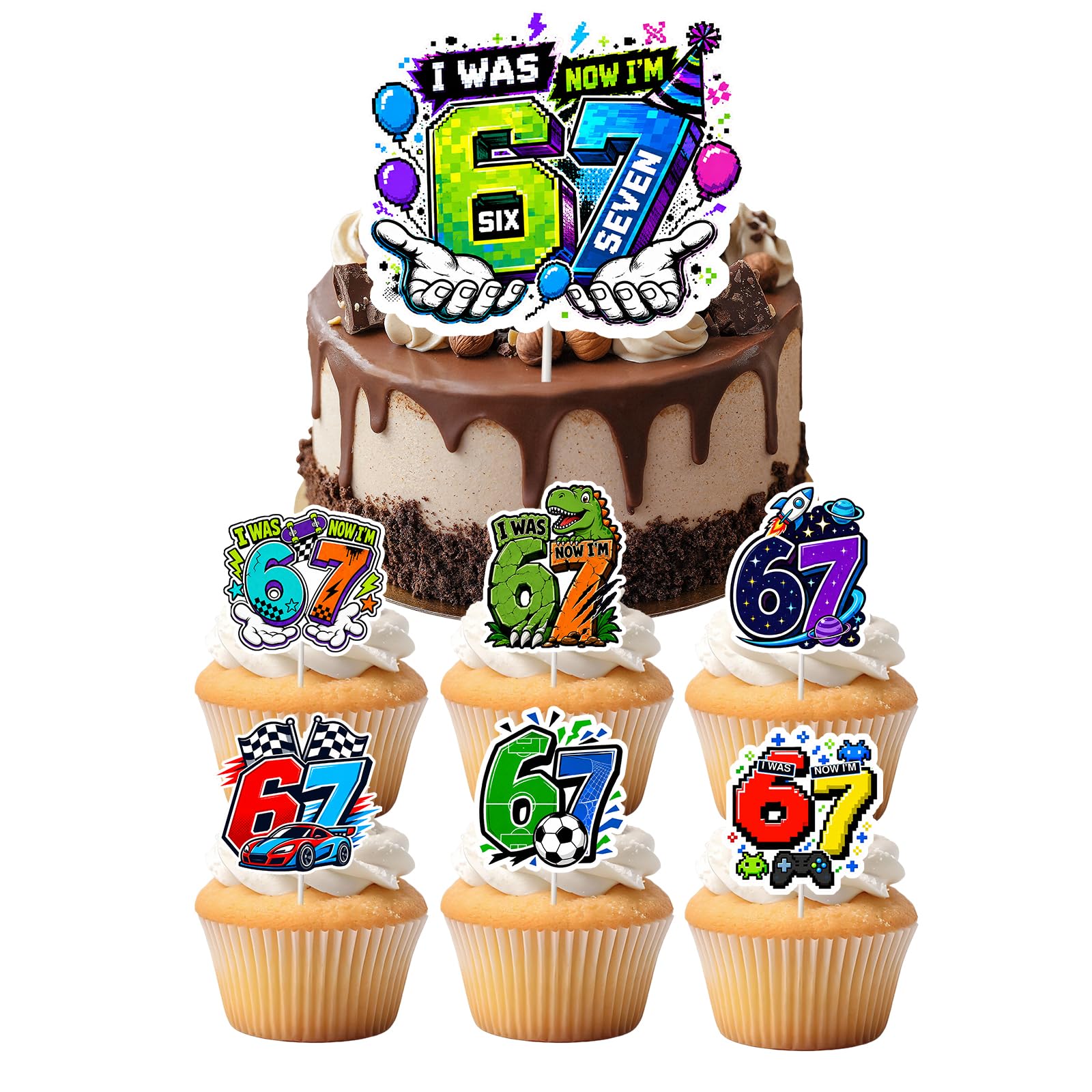 WALLFID 6-7 Birthday Cake Topper,13pcs Birthday decorations,Funny 67 Meme Cupcake Flags for 6th 7th Boys Birthday Party Supplies