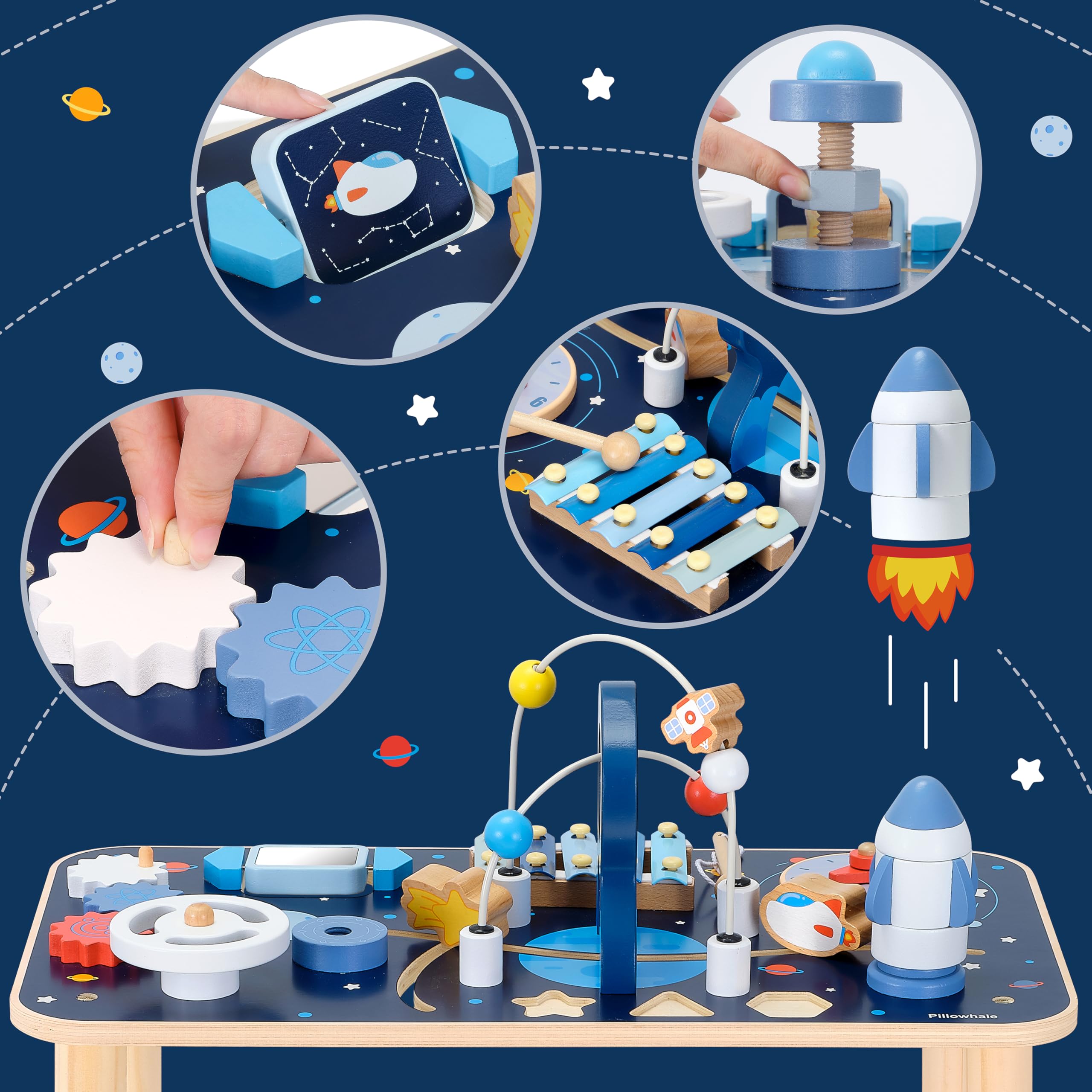Mesa de actividades de madera 10 en 1 para niños de 1 año | Centro de actividades Montessori para bebés y cubo de juego sensorial con xilófono, bloques de cohetes, laberinto de cuentas 3