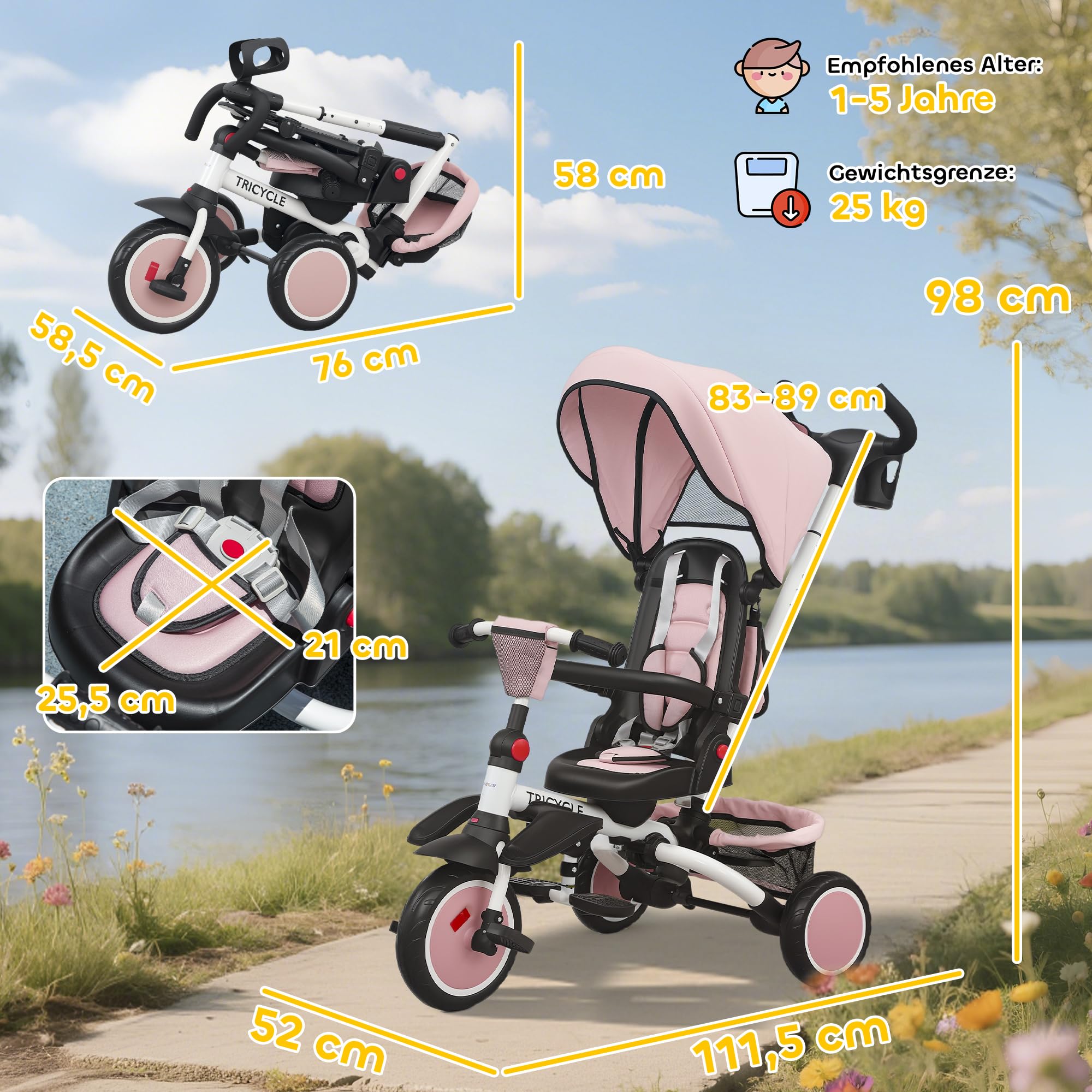 AIYAPLAY Dreirad 6in1 mit Schubstange für 1-5 Jahre Faltbar Kinderdreirad mit drehbarem Sitz, Korb, Tasche, Getränkehalter, klappbar Sonnendach, Sicherheitsgurt Rosa