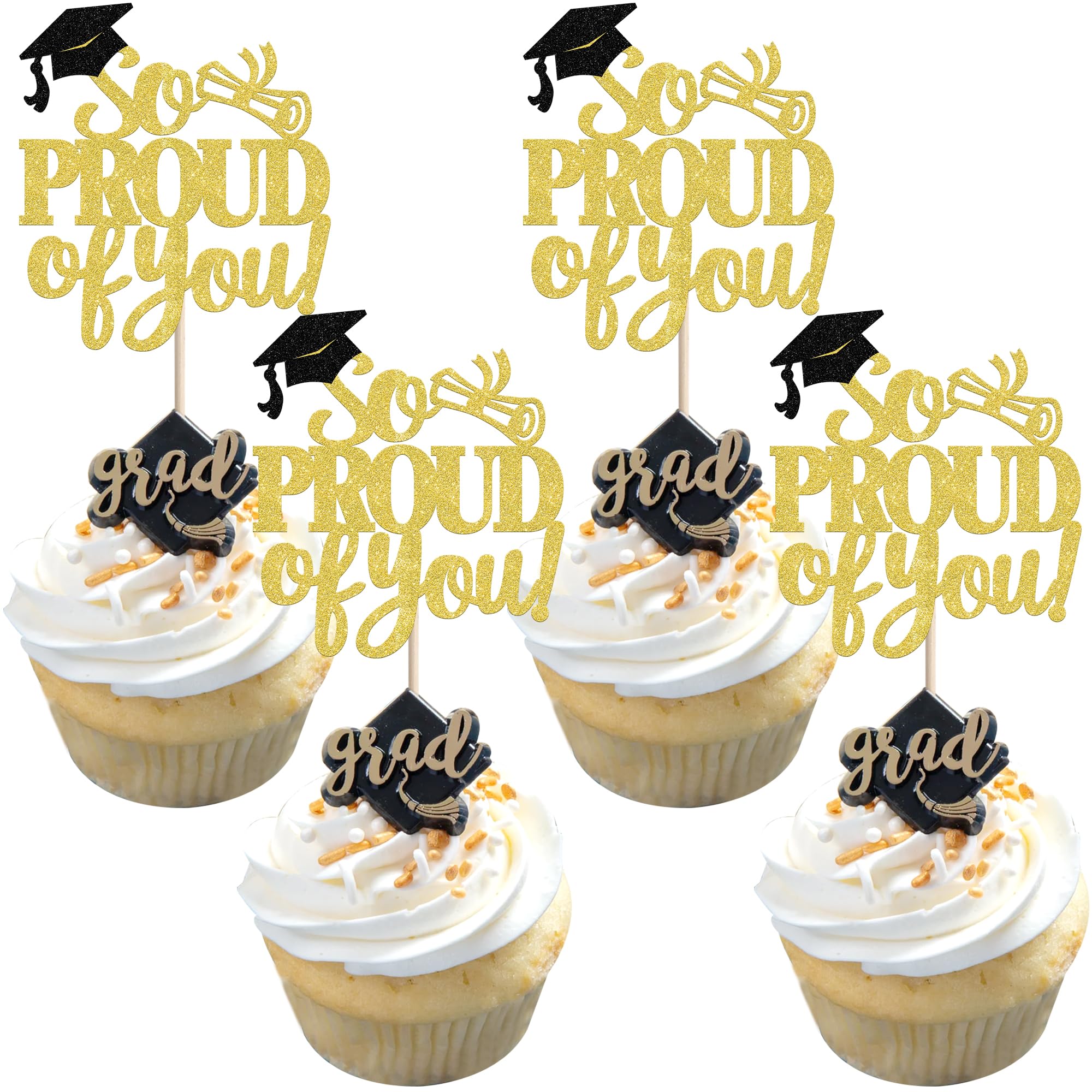 SYKYCTCY 24 Pack So Proud of You Cupcake Toppers Glitter Congrats Grad 2026 Grad Cap Cupcake Picks Class of 2026 Graduation Cake Decorations for 2026 Graduation Theme Party Supplies Gold