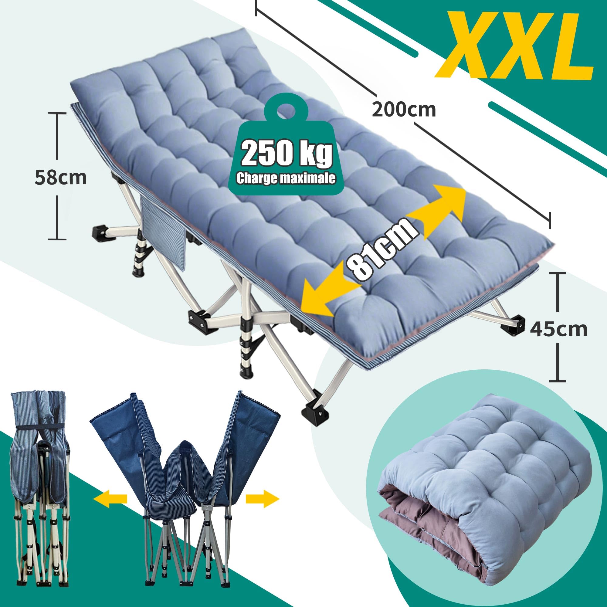 Lit de Camp Pliable XXL Extra Large 81 cm avec Matelas, pour Adultes, capacité de Charge 250 kg, avec Poche latérale, Chaise de Camping Portable, extérieur, Voyage, Jardin, intérieur