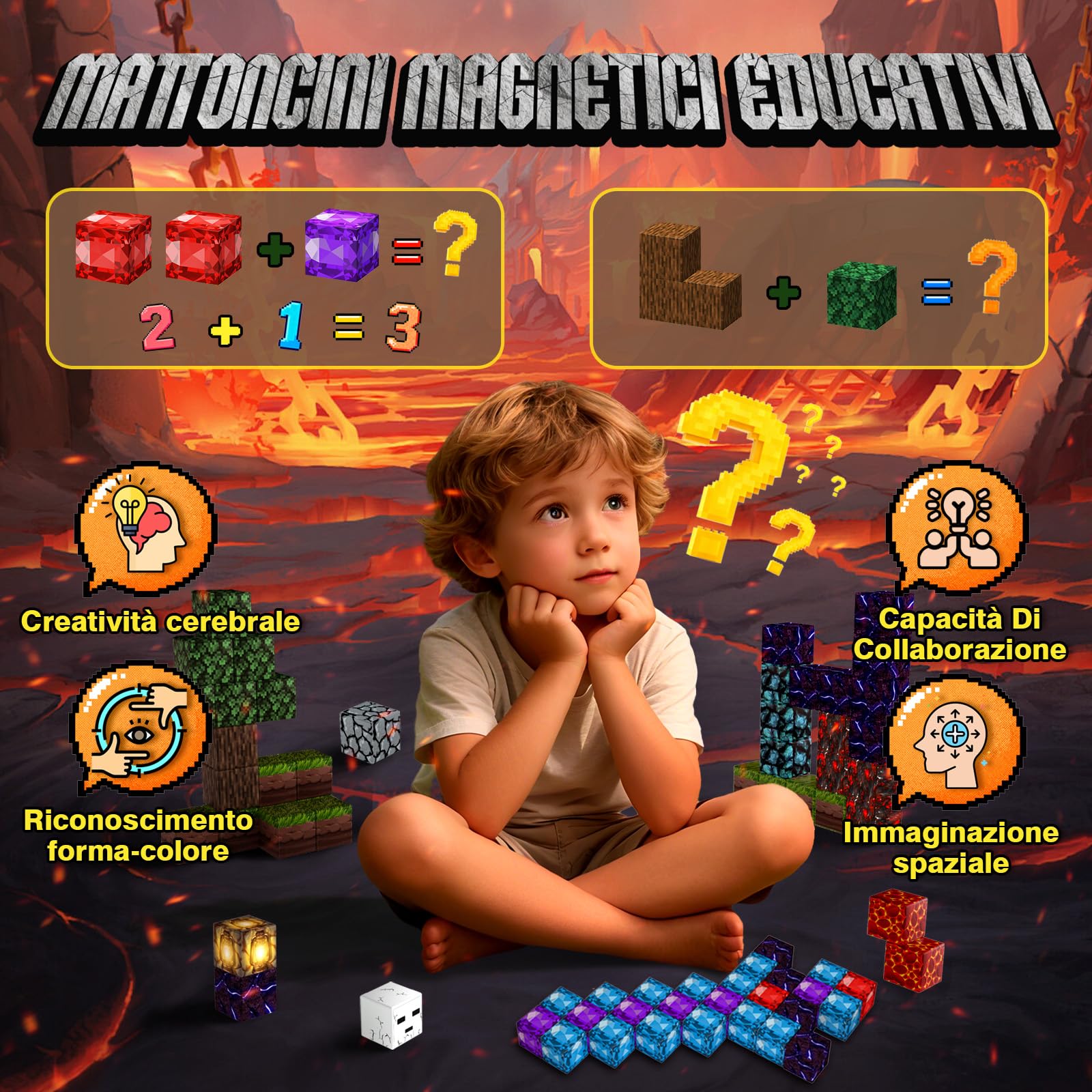 YOOHBERRYS Costruzioni Magnetiche per Bambini 200 PCS 2CM, Giochi Cubi Magnetici Luminose con LED, Blocchi Magnetici Building Blocks Giocattoli Montessori per Bambini 3 4 5 6 7 8 9 Anni (Spada)