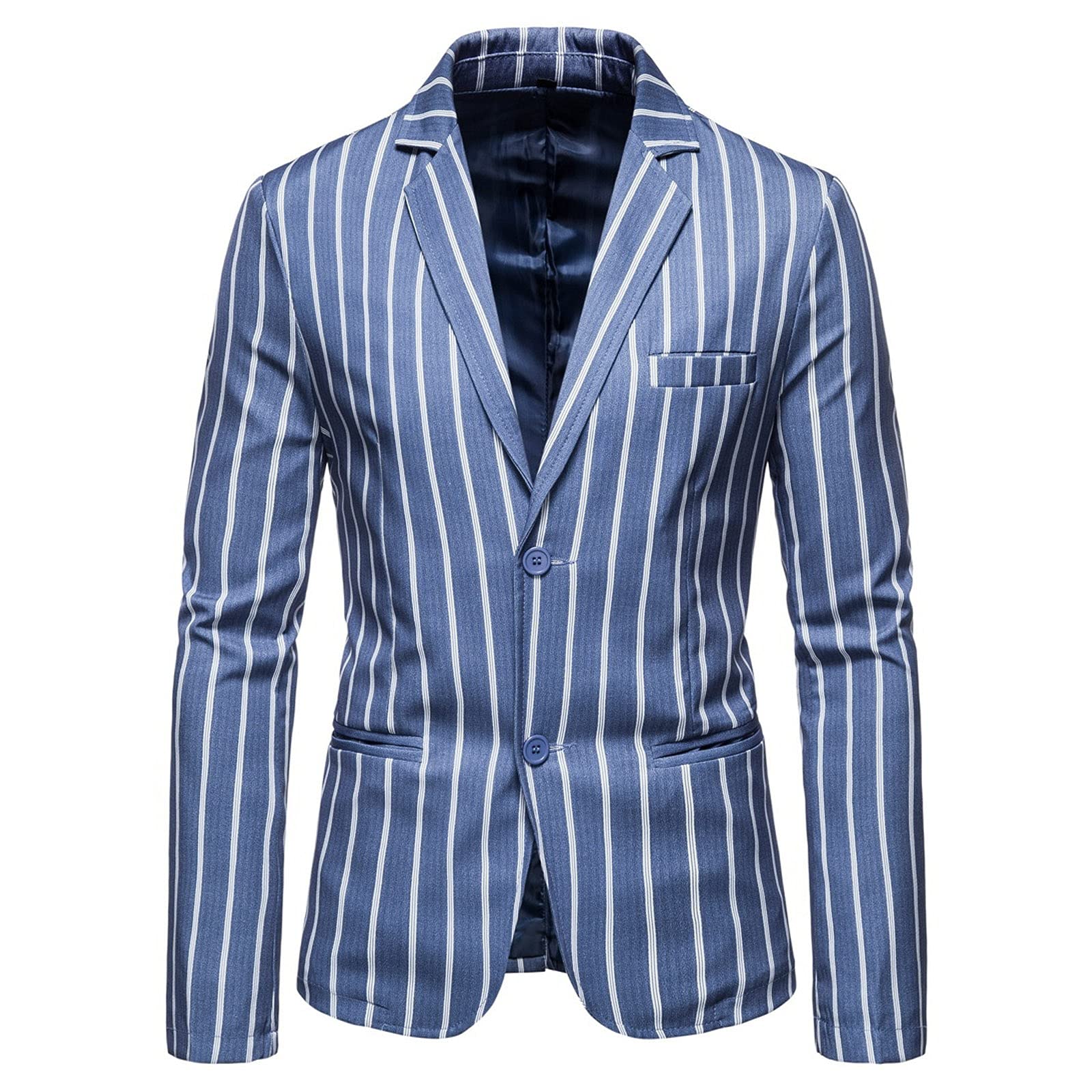 pvucpot Giacca Da Uomo Blu Righe Bianche Due Bottoni Casual Slim Fit Sposo Cantante Costume Formale Business Cappotto Autunno Blazer