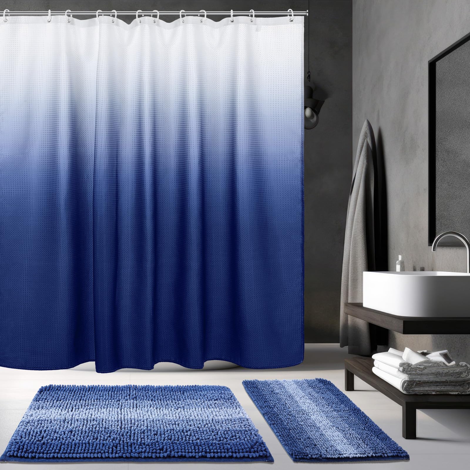 Amazon.com: Fanfanwin 3 Pcs Blue Shower Curtain and Rug Sets with 12 ...