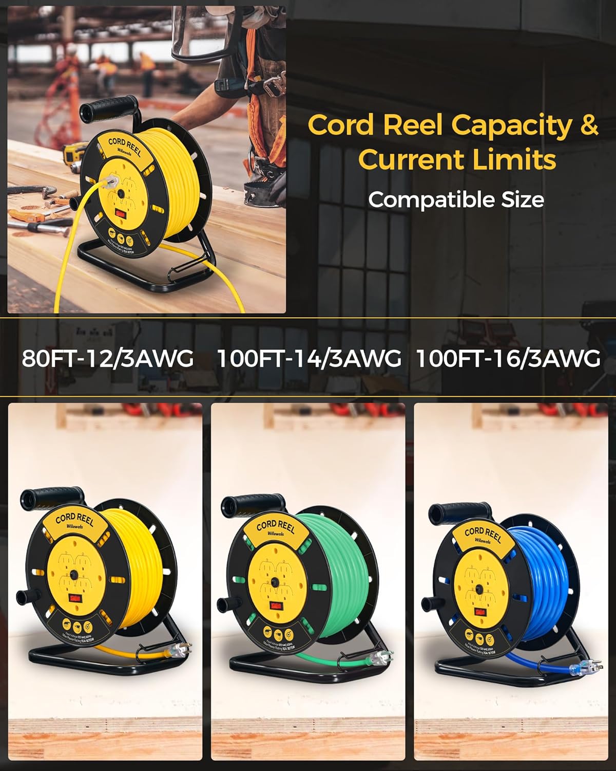 Extension Cord Storage Reel with 4-Grounded Outlets, 15A Circuit Breaker, Heavy Duty Open Cord Reel for 12/3,14/3,16/3 Gauge Power Cord, Hand Wind Retractable, ETL Listed, Yellow Y95CR06