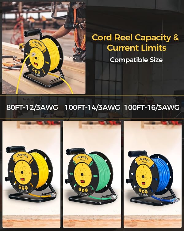 WILAWELS Extension Cord Storage Reel with 4-Grounded Outlets, 15A Circuit Breaker, Heavy Duty Open Cord Reel for 12/3,14/3,16/3 Gauge Power Cord, Hand Wind Retractable, ETL Listed, Yellow Y95CR06 by WILAWELS - Used condition - Image 6