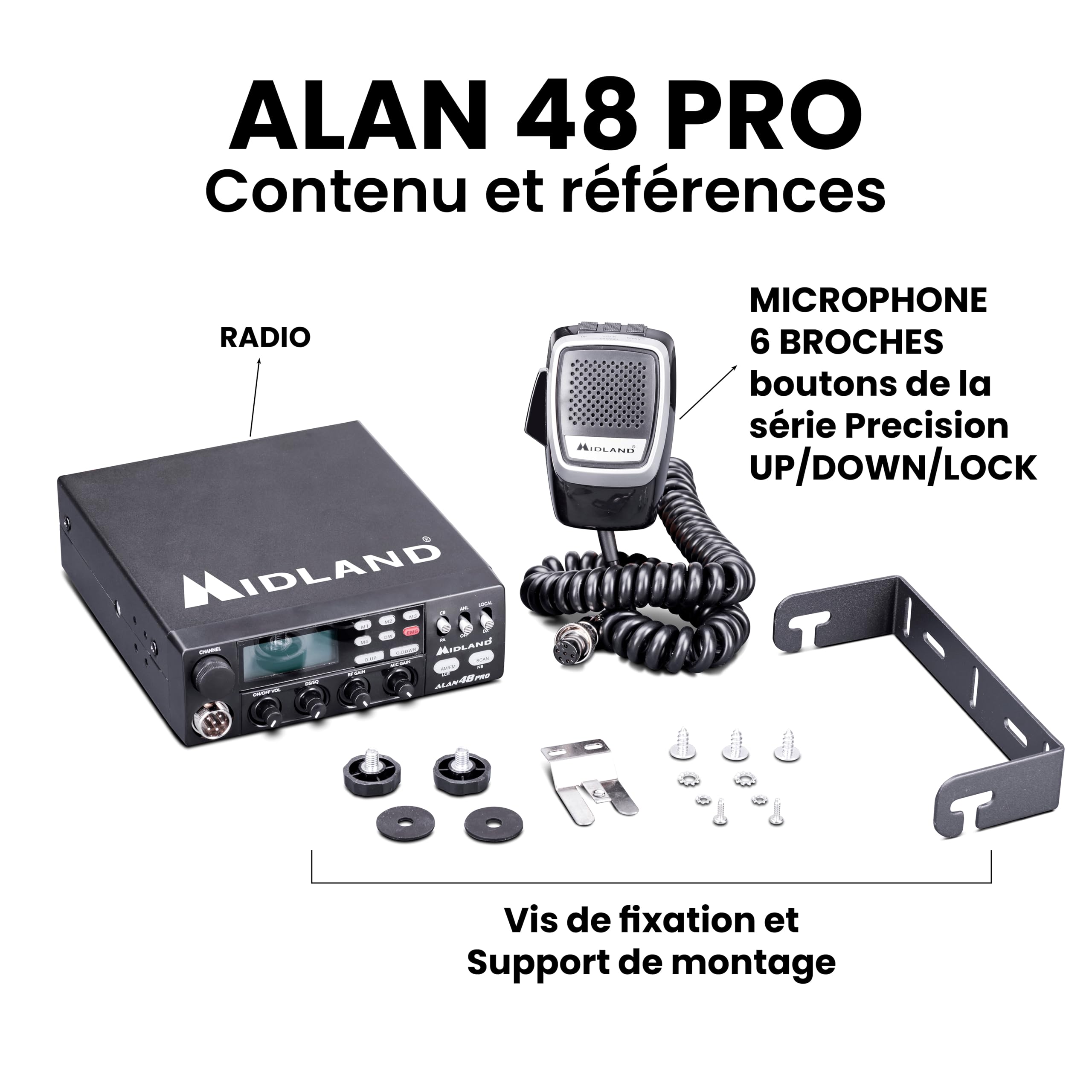 Midland - Radio CB Alan 48 Pro, Radio Récepteur Émetteur Véhicule Multibande sans Licence, Puissance Réglable 1W/4W, Écran LCD, Scan, Dual Watch, RF Gain, Filtres ANL et Noise Blanker, Micro 6 Pin