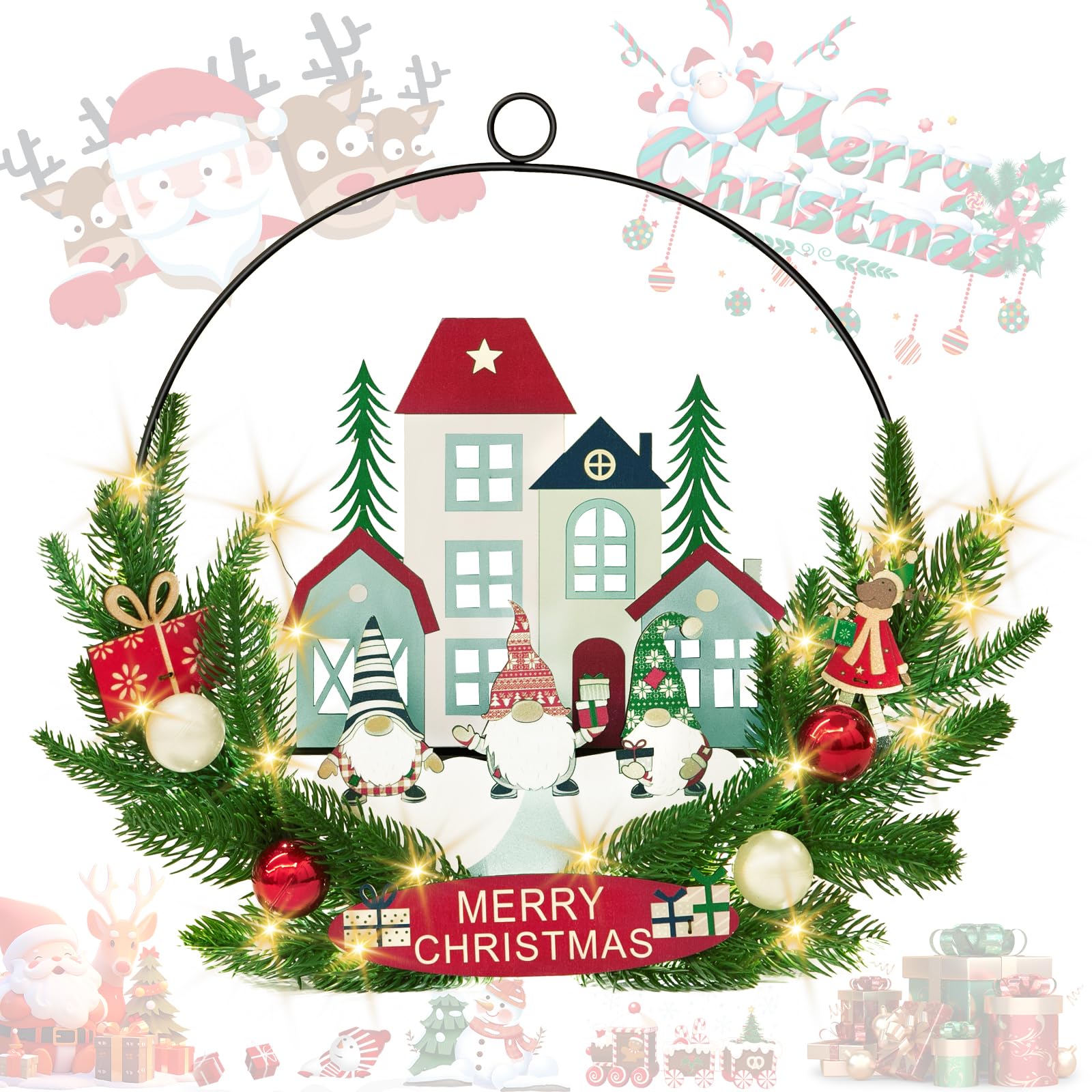 Vleuexe Corona Navidad Puerta con LED,Decoracion Navidad Puerta,Corona navideña Artificial,Corona de Navidad Puerta, Adorno Puerta Navidad,29cmCorona de Puerta Bienvenida para Navidad,Gnomos Navideños