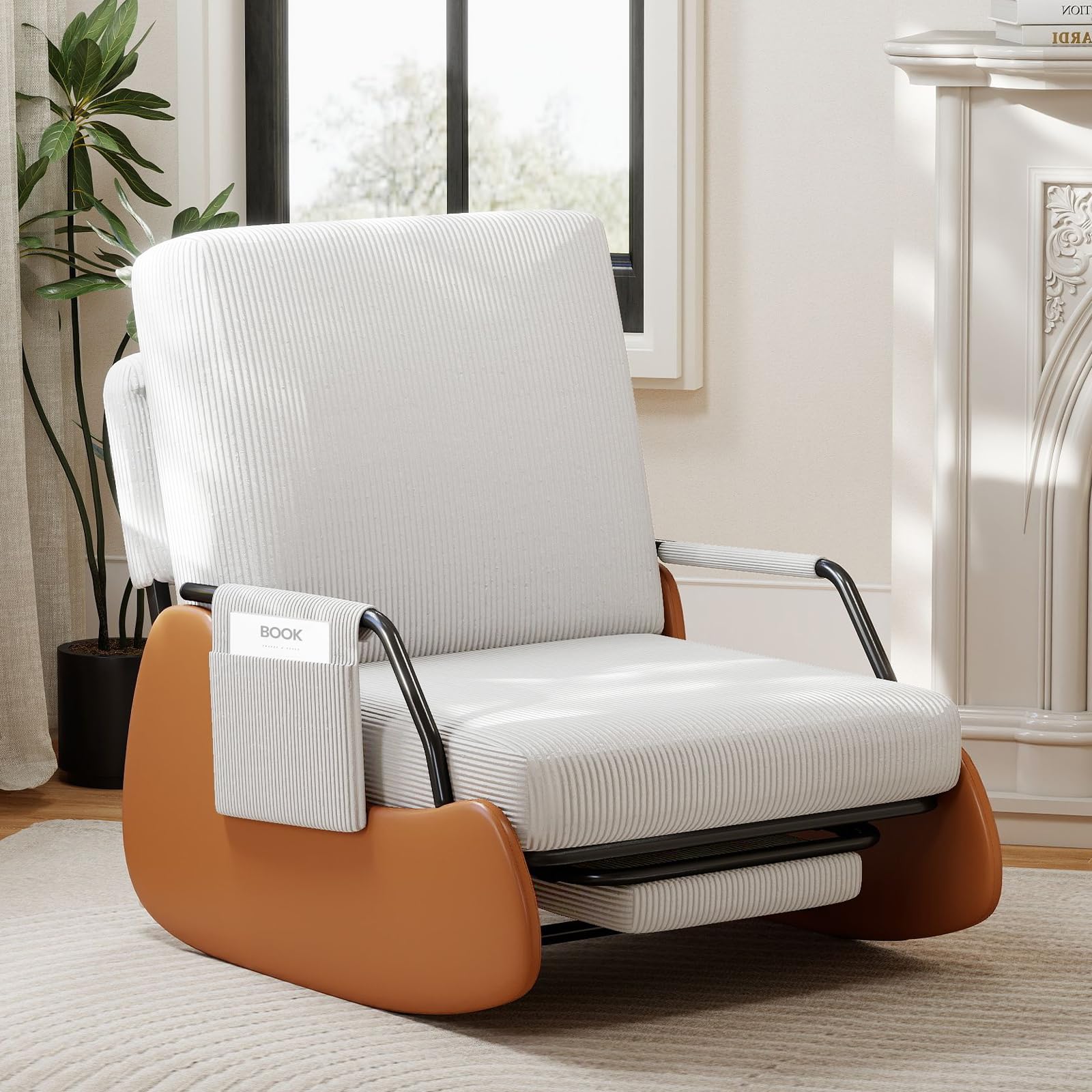 Sedia a Dondolo con Poggiapiedi, Poltrona a Dondolo con Schienale Regolabile, Ampia Poltrona Relax Imbottita con Tasche Laterali per Soggiorno e Camera da Letto, Bianco