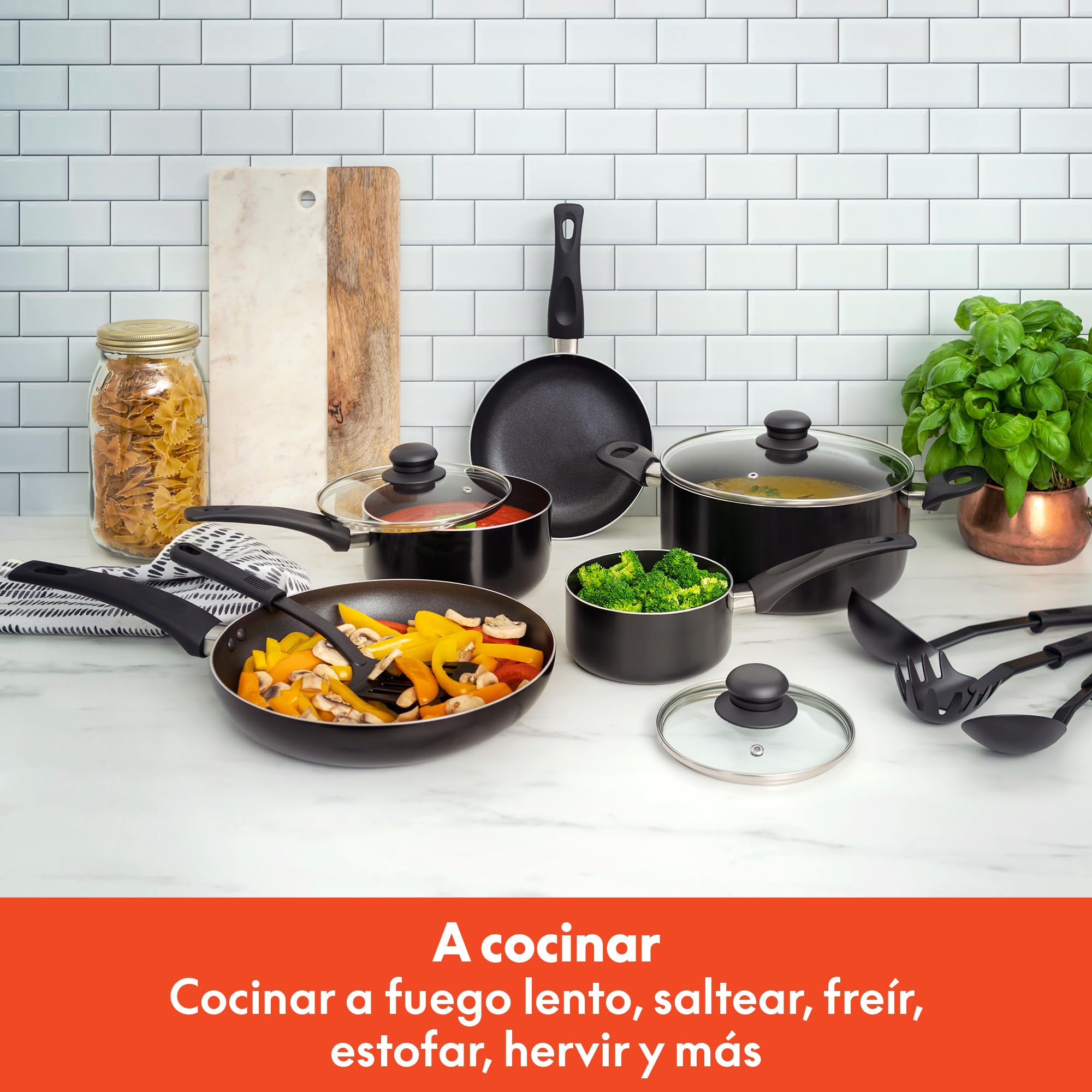 bella Juego de utensilios de cocina, 12 ollas y sartenes con utensilios, antiadherente sin PFOA, superficie de cocción resistente a los arañazos, compatible con todas las estufas, nailon y aluminio,
