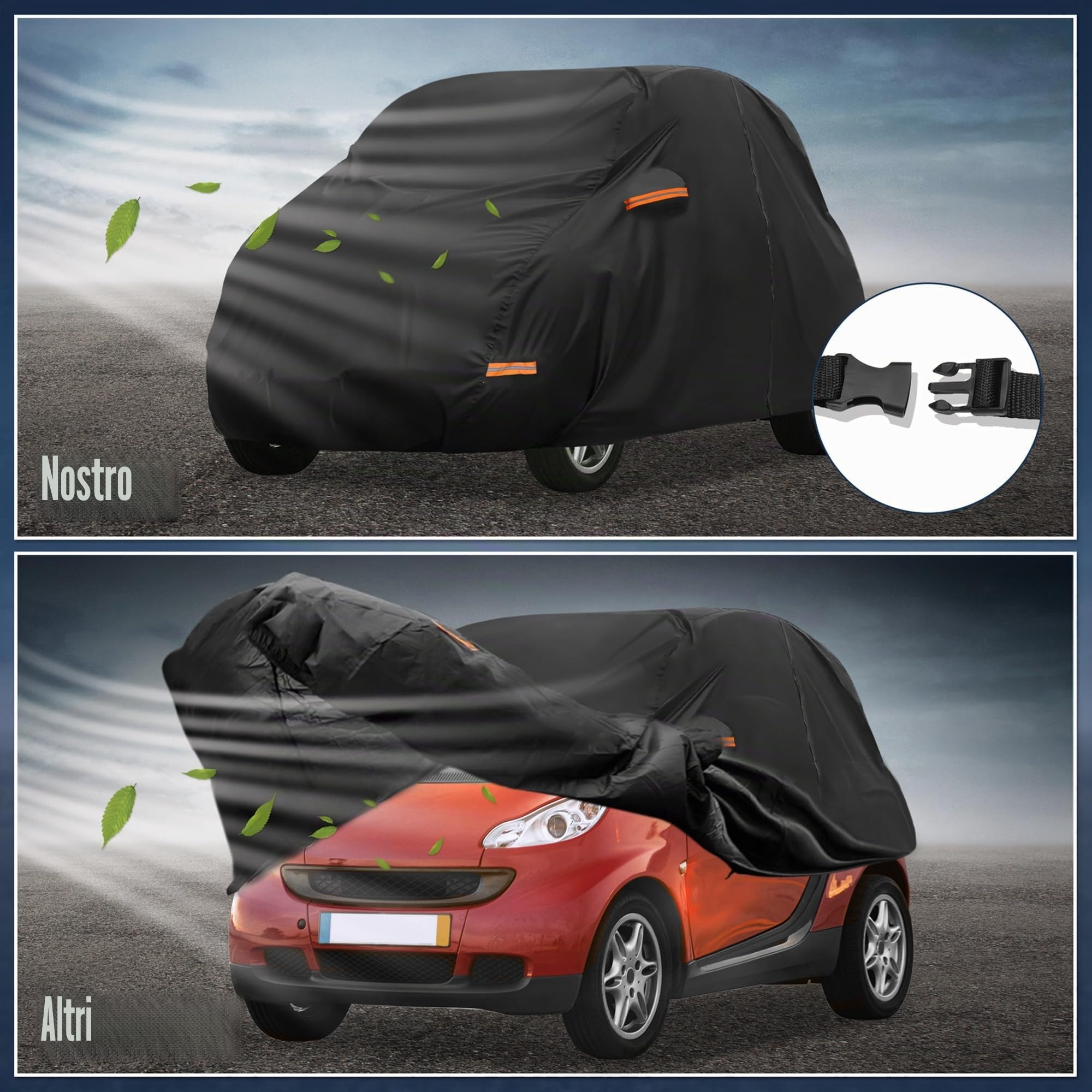 QUARKZMAN Copertura Per Auto Per Smart Fortwo 07-23 1pc Impermeabile | Nero, Oxford 210D-PU, 280x167x145cm, Impermeabile, Antivento, Cerniera Porta Guidatore, Traspirante, Include Borsa