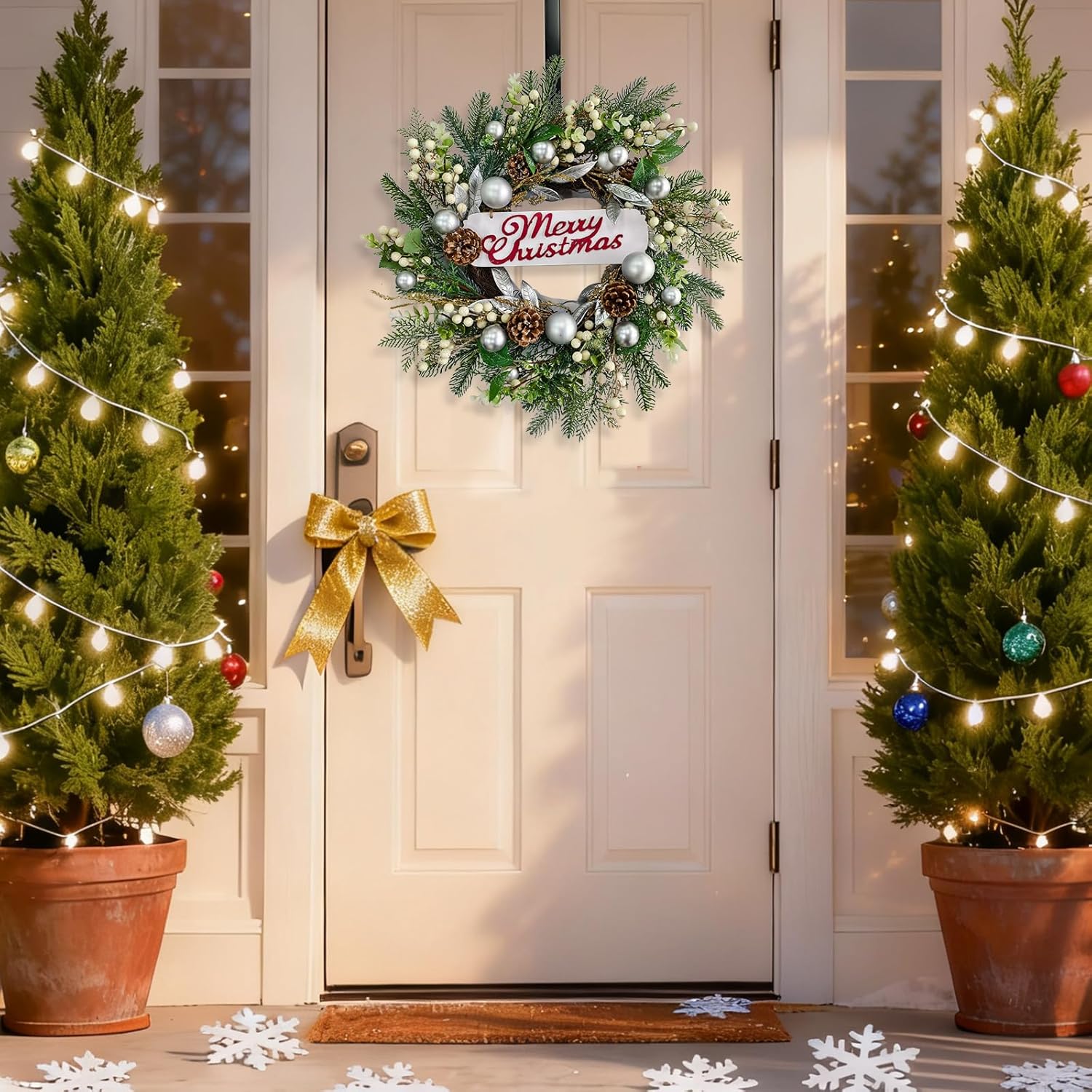 FINECASA Pinecone Christmas Wreaths with Sign, Wreath & Ajustable Hanger Set, Outdoor/Indoor Holiday Decor for Front Door, Porch & Window, 24in