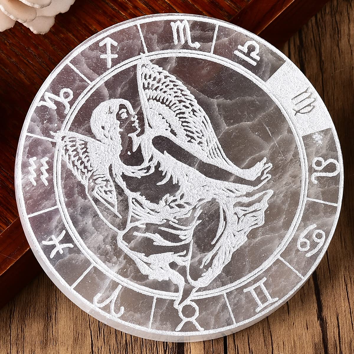 JIC Gem Round Etched Selenite Charging Plate 12 Star Engraved Selenite Slab Healing Crystal Charging Station 4 Inch