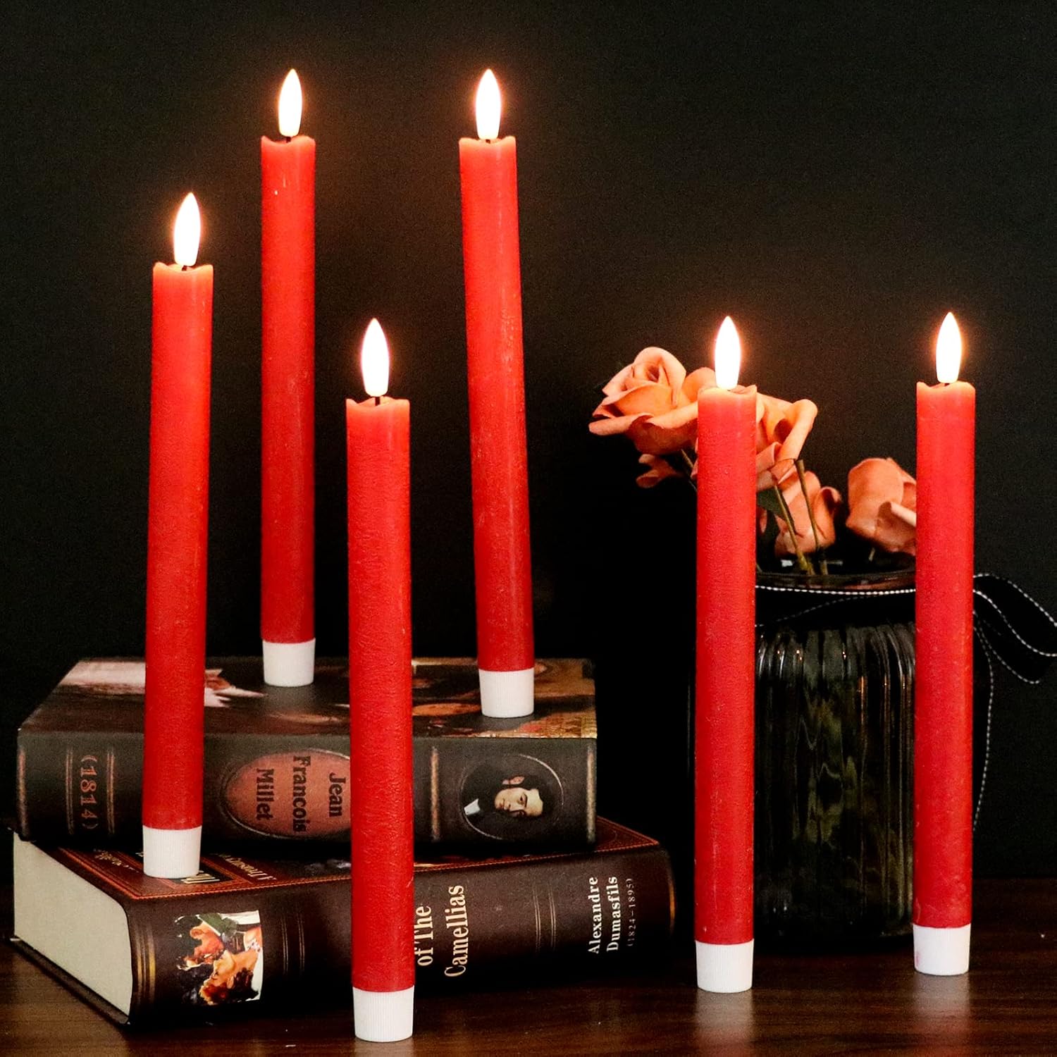 GenSwin Flameless Red Taper Candles Flickering with 10-Key Remote, Battery Operated Led Warm 3D Wick Light Window Candles Real Wax Pack of 6, Christmas Home Wedding Decor(0.78 X 9.64 Inch) - Image 4