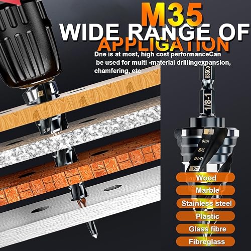 Miniatura 3 de Broca escalonada de cuatro espirales para metal, cobalto M35, juego de brocas escalonadas Unibit de 18 a 1 pulgada (9 tamaños), resistente al