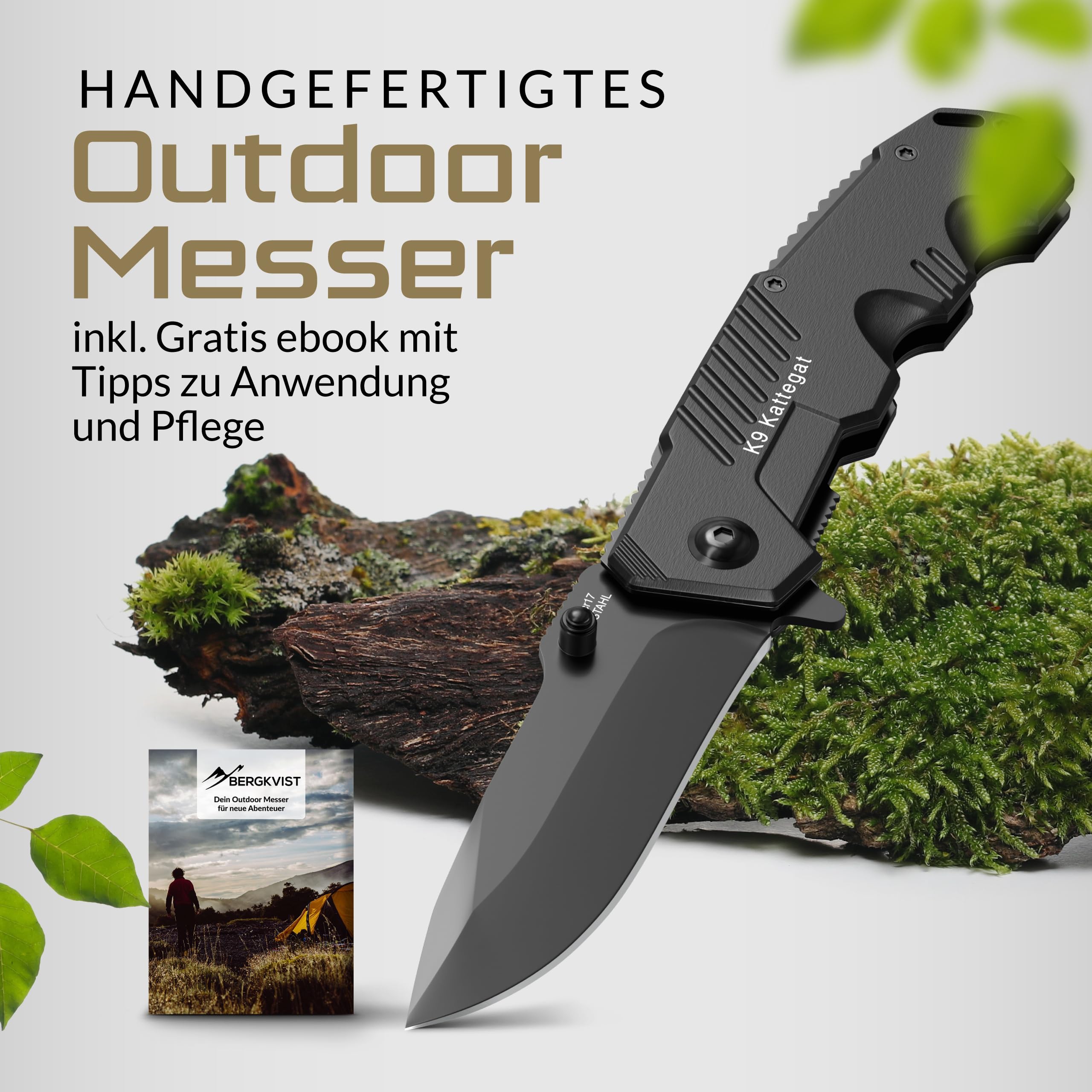 BERGKVIST® K9 Klappmesser für Outdoor & Survival [Einhandmesser] | scharfes Taschenmesser mit Edelstahlklinge, Feuerstahl & Gürteltasche, Vollmetall, schwarz