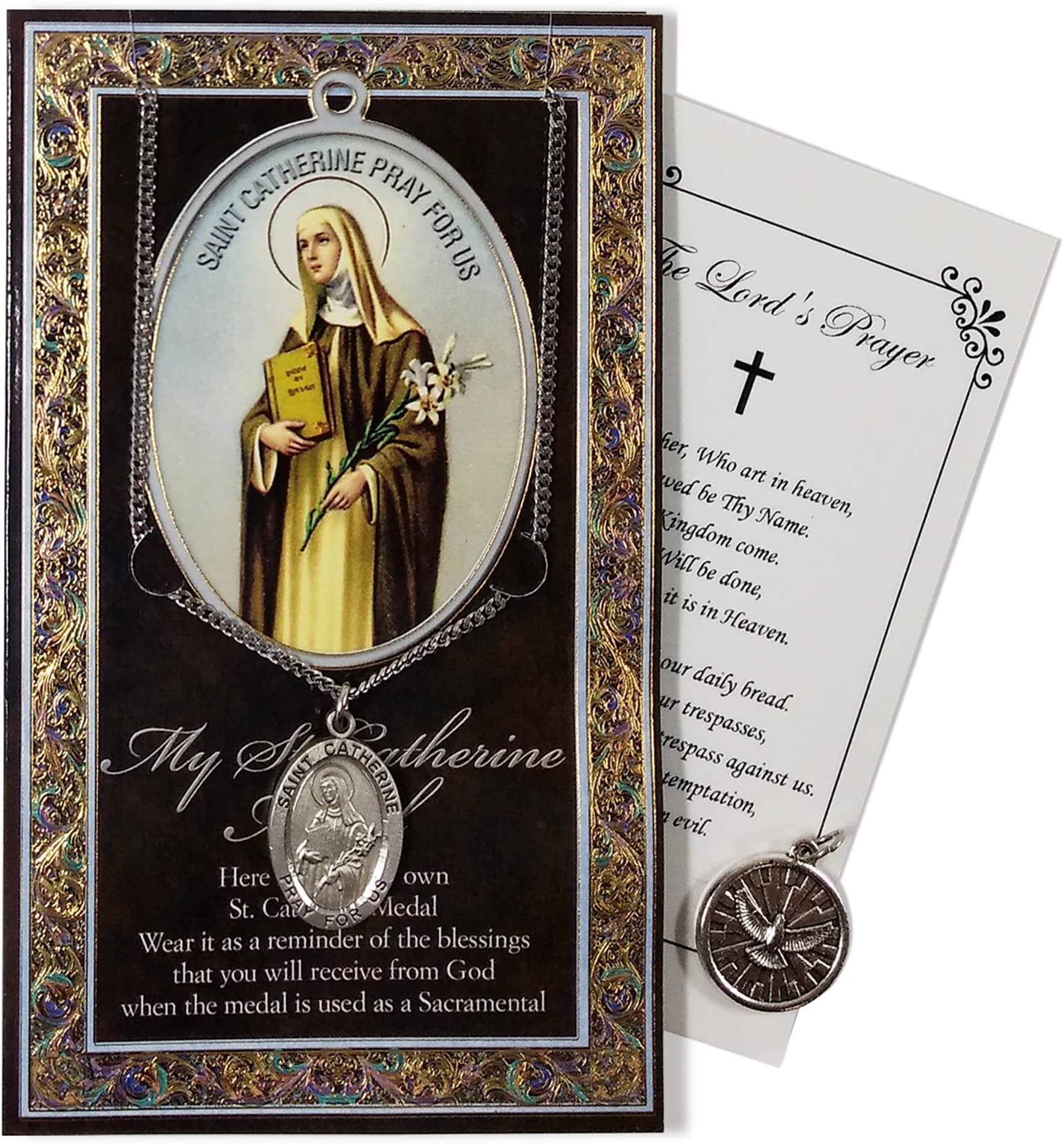 Saint Catherine Of Siena Medal Necklace with Confirmation Dove Charm | St Catherine Of Siena Pendant Jewelry,Holy Spirit Dove Pendant, Lord's Prayer Card | Catholic Patron Saint Of Italy Themed Set,