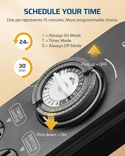 Miniatura 4 de DEWENWILS Regleta de alimentación con temporizador mecánico con 8 tomas, cable de alimentación de 6 pies y enchufe plano, temporizador mecánico de