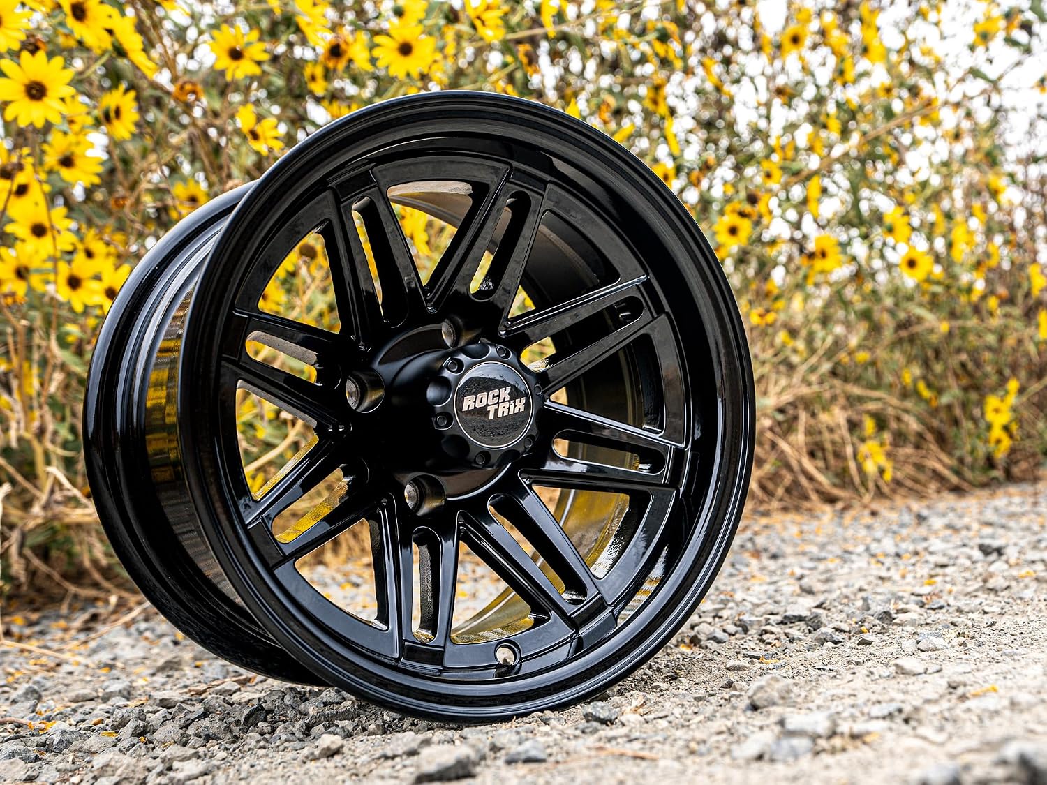 RockTrix 12 inch Golf Cart Wheel Tire Combo Kit, RT103 Gloss Black 12x7 Rim 215/40-12 Low Profile Tire, No Lift Kit Required, Fits Club Car Precedent EZGO TXT RXV Yamaha G1-G29, One Single