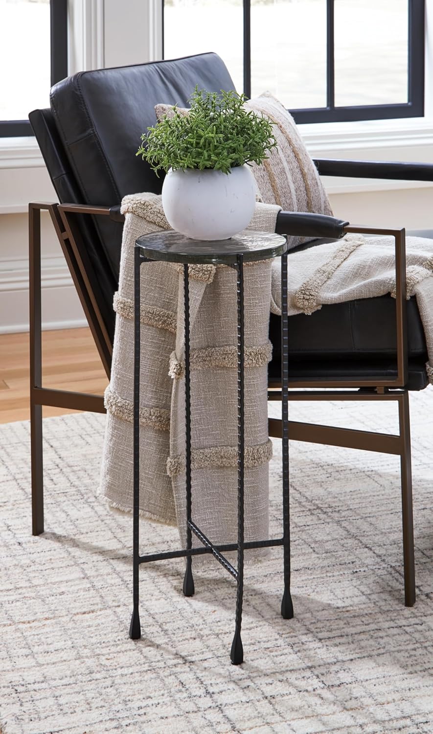 Signature Design by Ashley Newgoren Industrial Glass Tabletop Accent Table with Patterned Rod Legs, Black & Glass
