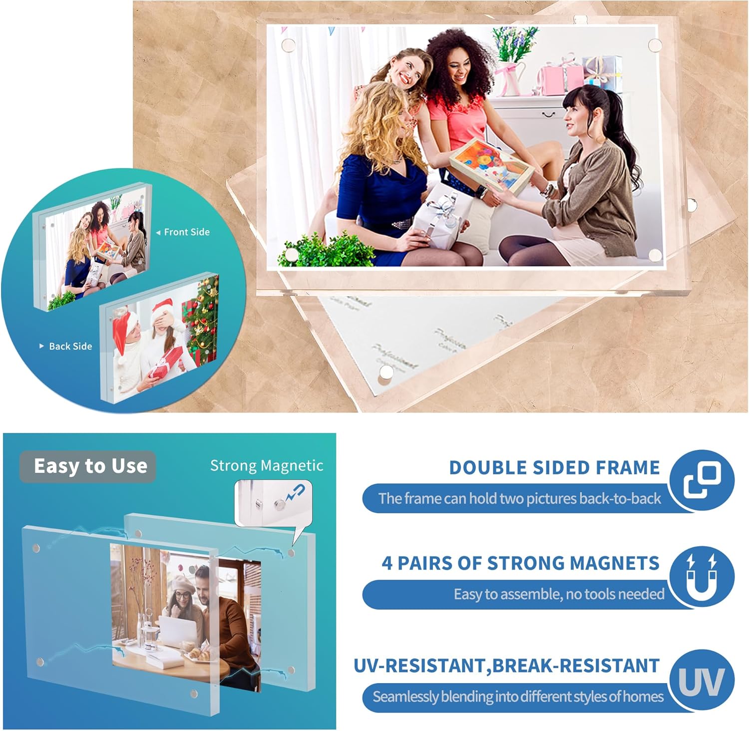 Acrylic Frame Magnetic Picture Frame Acrylic Picture Frames Freestanding Double Sided Frameless Photo Frame Stand for Desktop Display, 20mm Thickness Magnetic Photo Frames 8x10 Picture Frame(3 Pack)