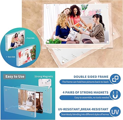 Miniatura 3 de Marco acrílico magnético de 4 x 4 pulgadas, marco de fotos transparente independiente de doble cara sin marco para pantalla de escritorio, marcos de