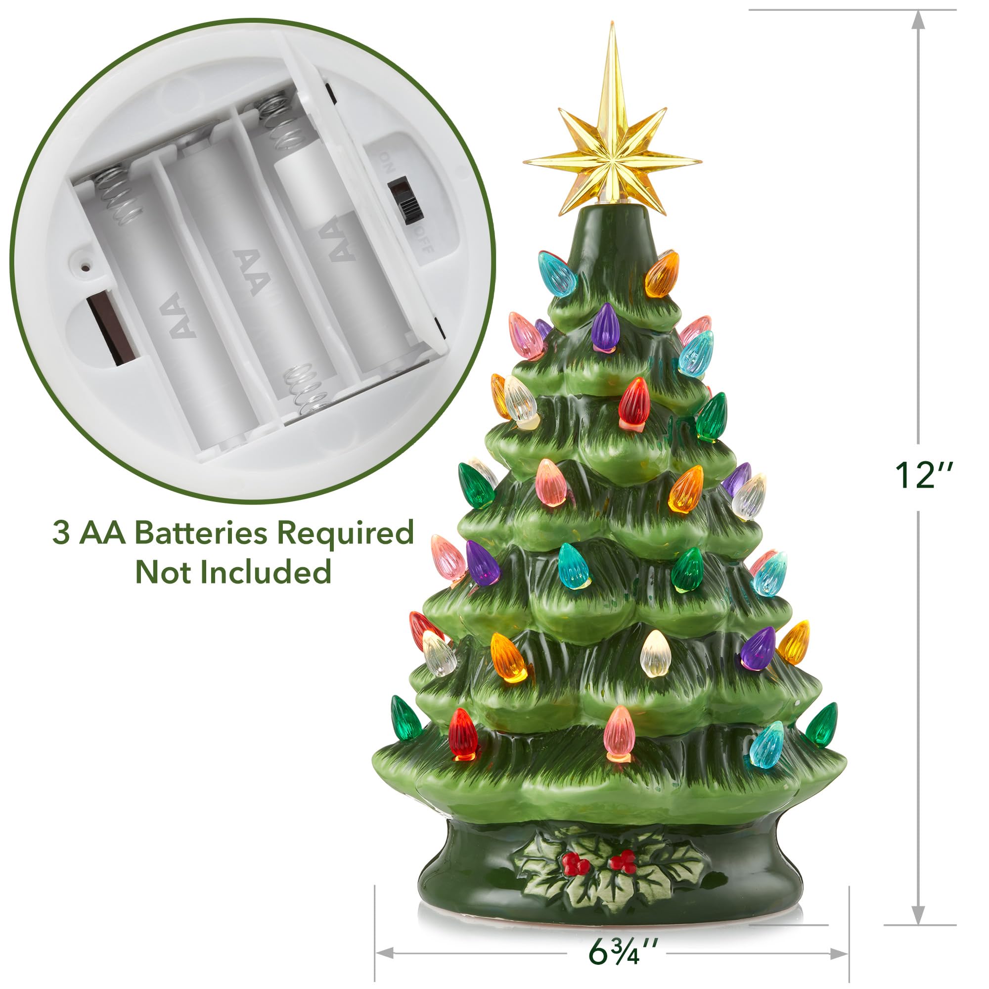 Casafield Handbemalter Keramik-Weihnachtsbaum, grün, 30,5 cm, beleuchteter Baum mit 100 mehrfarbigen Lichtern und 2 Sternaufsätzen