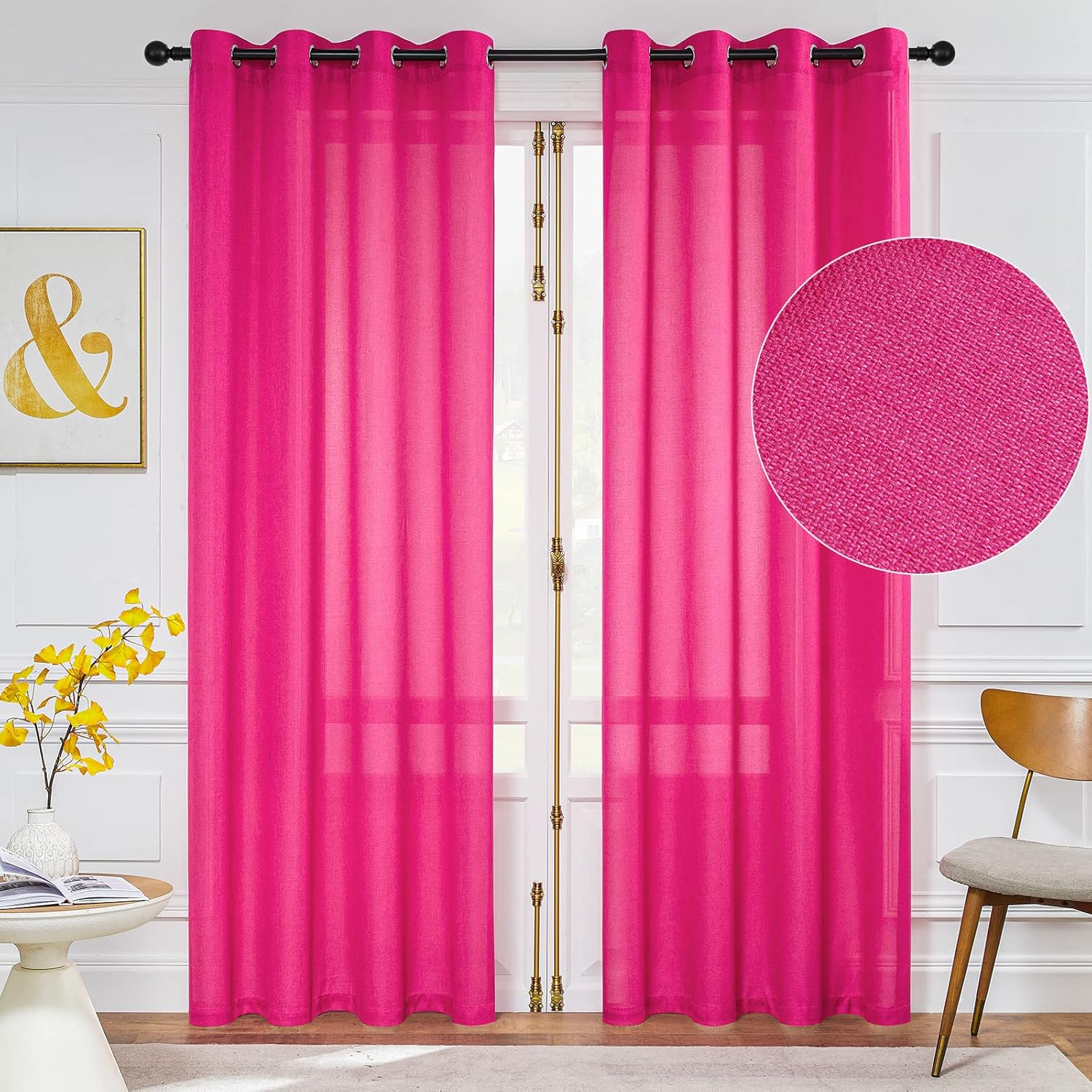 Tony's collection Natural Faux Linen Curtains, Fuchsia Drapes for Living Room 84