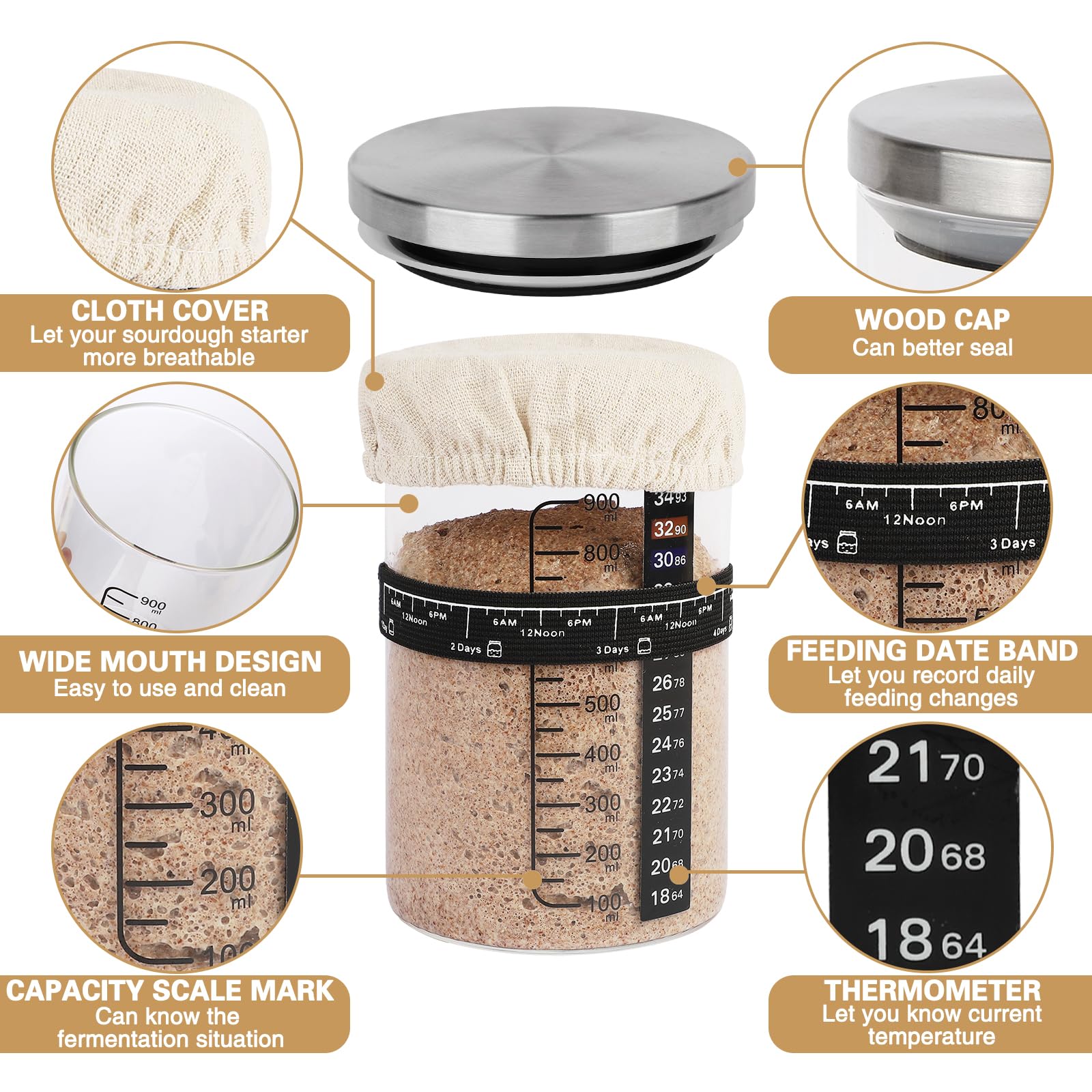 SSYR&P Sauerteig-Starter set,Brot Backen Zubehör, Spatel u, Thermometer, Fermentierglas,Brotliebhaber für Anfänger, Back-Starter-Set,Sourdough Starter Kit (Abdeckung aus Edelstahl)