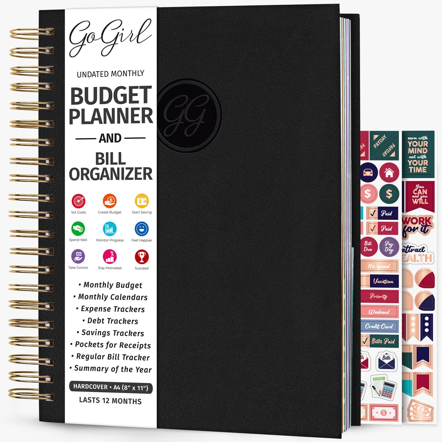 GoGirl Budget Planner & Monthly Bill Organizer – Monthly Financial Book with Pockets. Expense Tracker Notebook Journal, Large (Black)