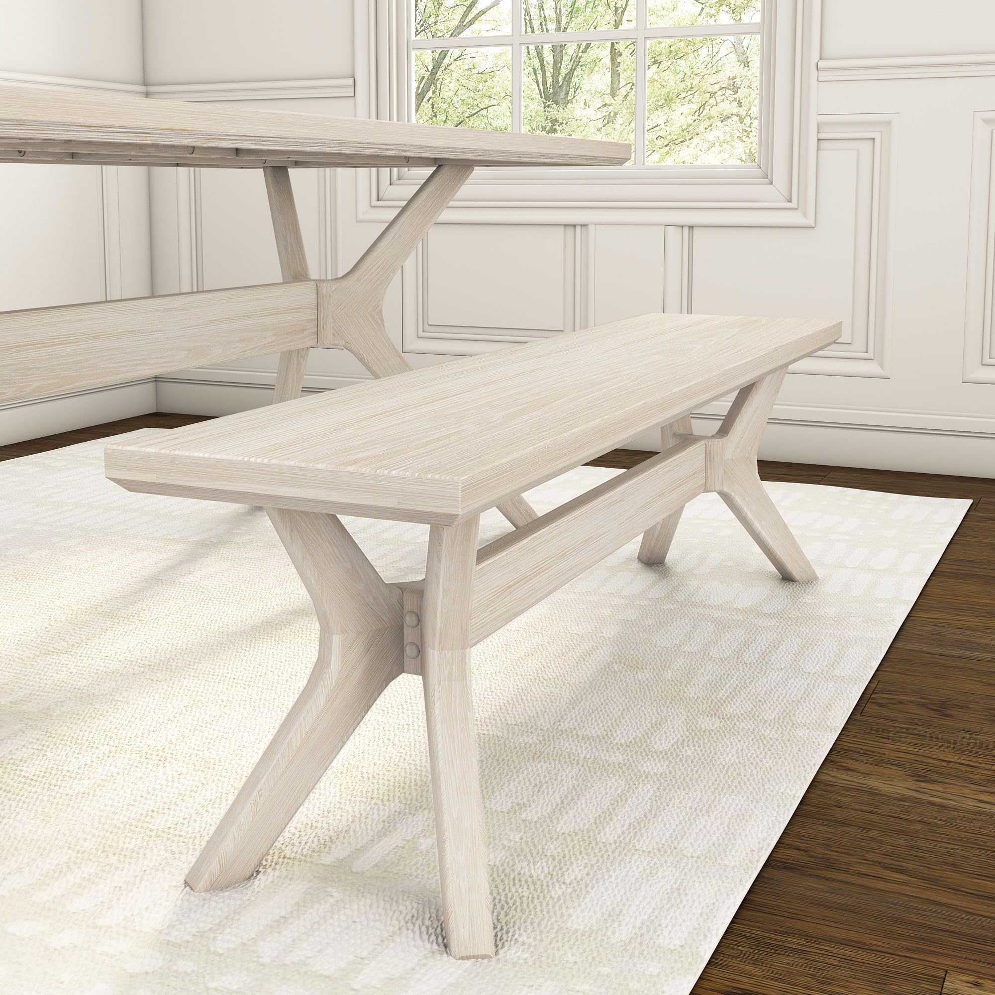 Plank+Beam Verso Dining Bench, 60 Inch, White Sand | Scandinavian Design Meets Boho Charm, Distinctive Cross-Leg Base, Hassle-Free Setup, Easy Assembly, Solid Wood