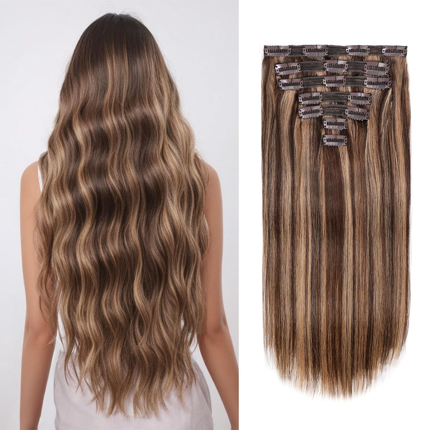 Jiameisi Clip in Hair Extensions Real Human Hair, 14inch Remy Human Hair Extensions Double Weft 70g 7pcs, Natural Straight Clip ins for Women,Ideal for Daily #4/27 Strawberry Blonde to Medium Brown