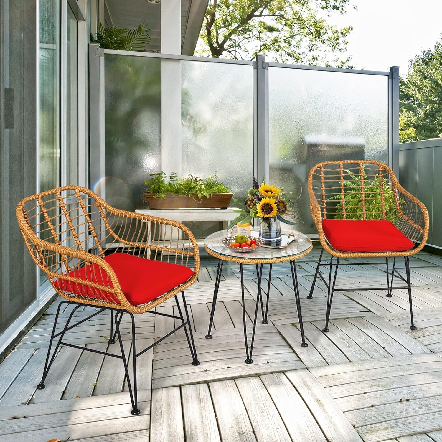 DORTALA 3 Piece Outdoor Bistro Set, Small Patio Furniture Set with with Metal & Wicker Frame, Tempered Glass Tabletop, All-Weather Table and Chairs for Backyard, Balcony, Poolside, Red