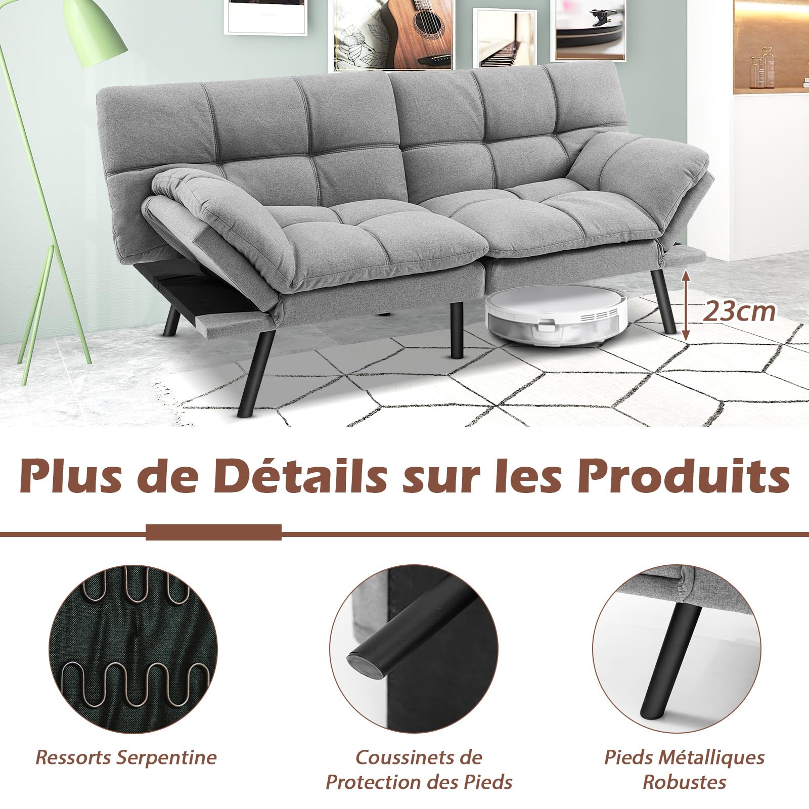 COSTWAY Canapé-Lit Convertible 5 en 1 avec Dossier et Accoudoirs Réglables, Canapé Futon 3 Places en Mousse à Mémoire, Pieds Métalliques, pour Petits Appartements, Salon, Bureau, Charge 273 kg (Gris)