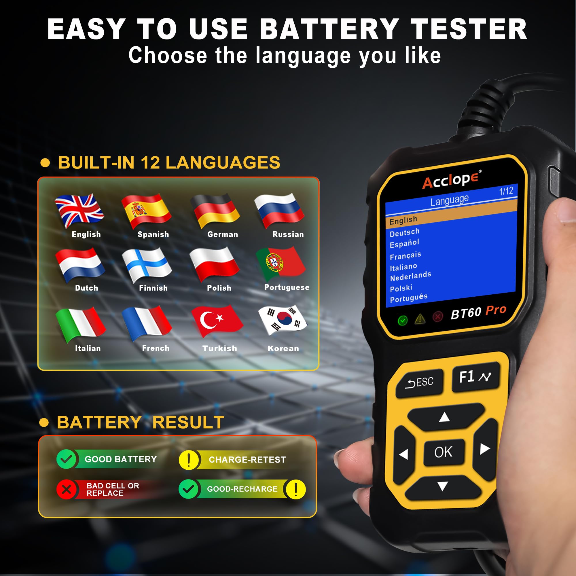 BT60 Pro, Comprobador Digital de Baterías, Analizador de Sistema de Carga y Arranque, 6V/12V/24V, Compatible con AGM, Litio, Gel, 100-3000 CCA, para Vehículos, Camiones, Motocicletas